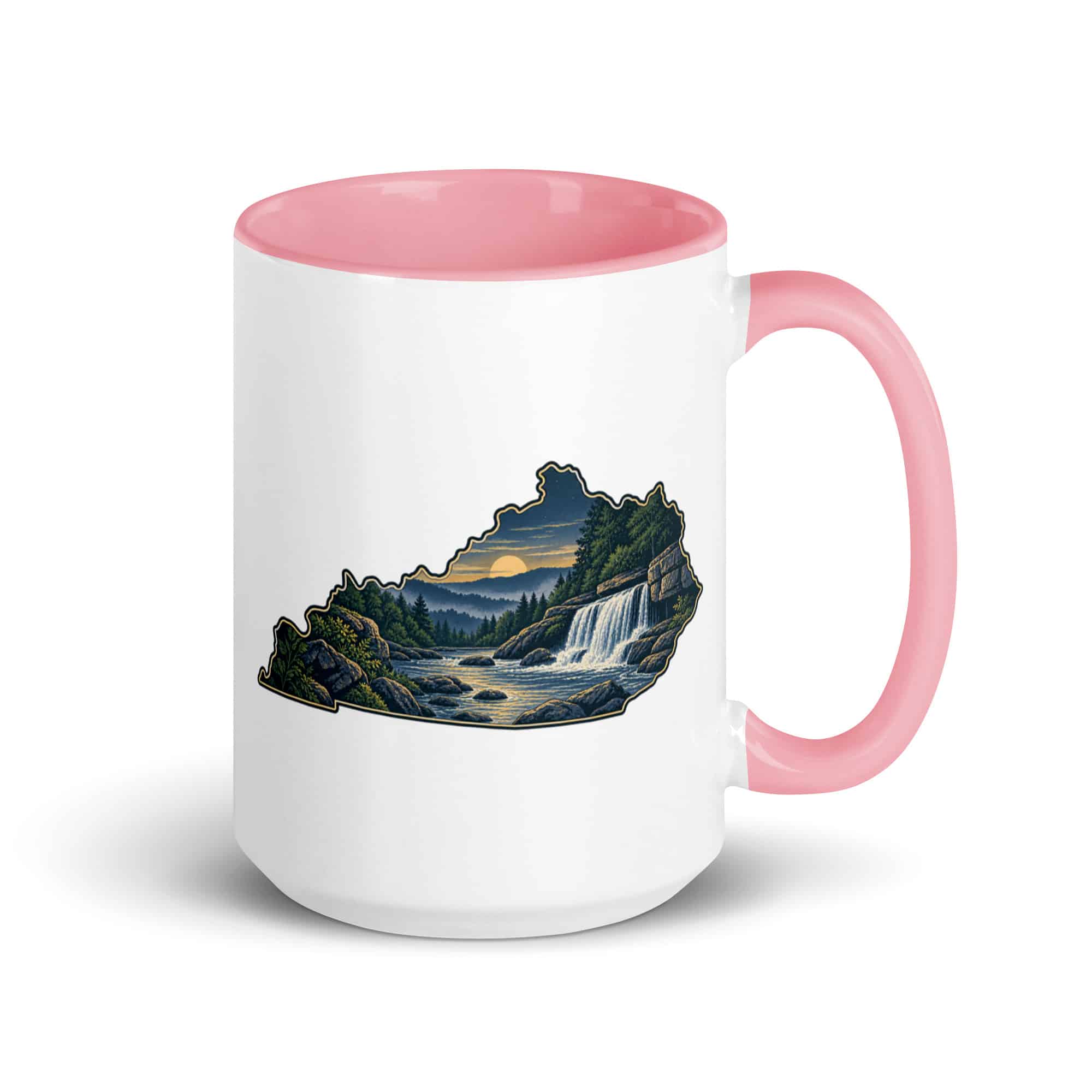 Kentucky Color Inside Coffee Mug: Creek and waterfall, Illustrated Kentucky Silhouette