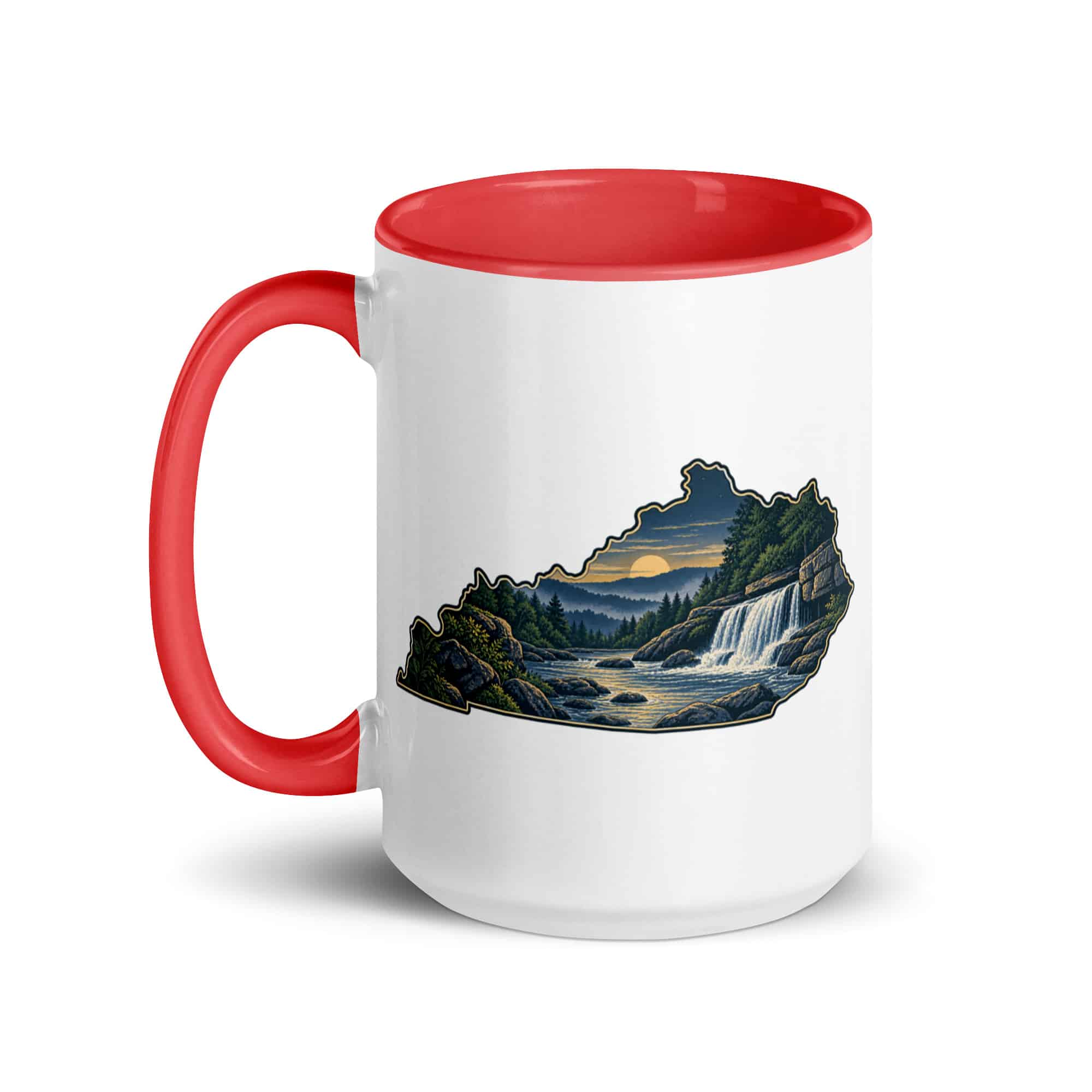 Kentucky Color Inside Coffee Mug: Creek and waterfall, Illustrated Kentucky Silhouette