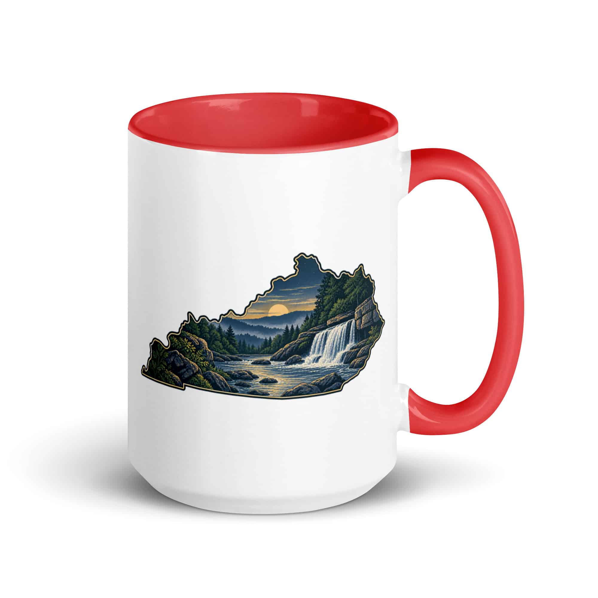 Kentucky Color Inside Coffee Mug: Creek and waterfall, Illustrated Kentucky Silhouette