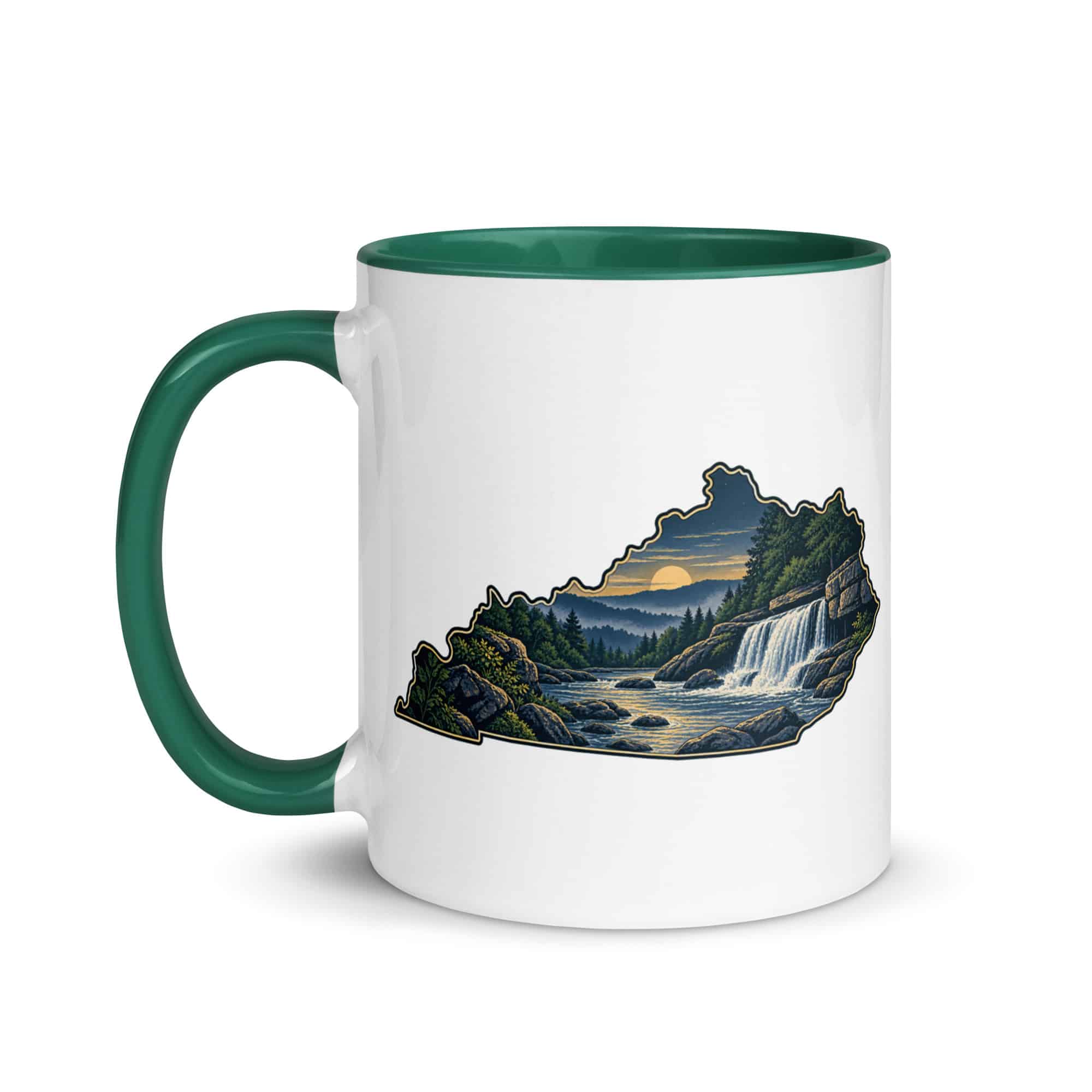 Kentucky Color Inside Coffee Mug: Creek and waterfall, Illustrated Kentucky Silhouette