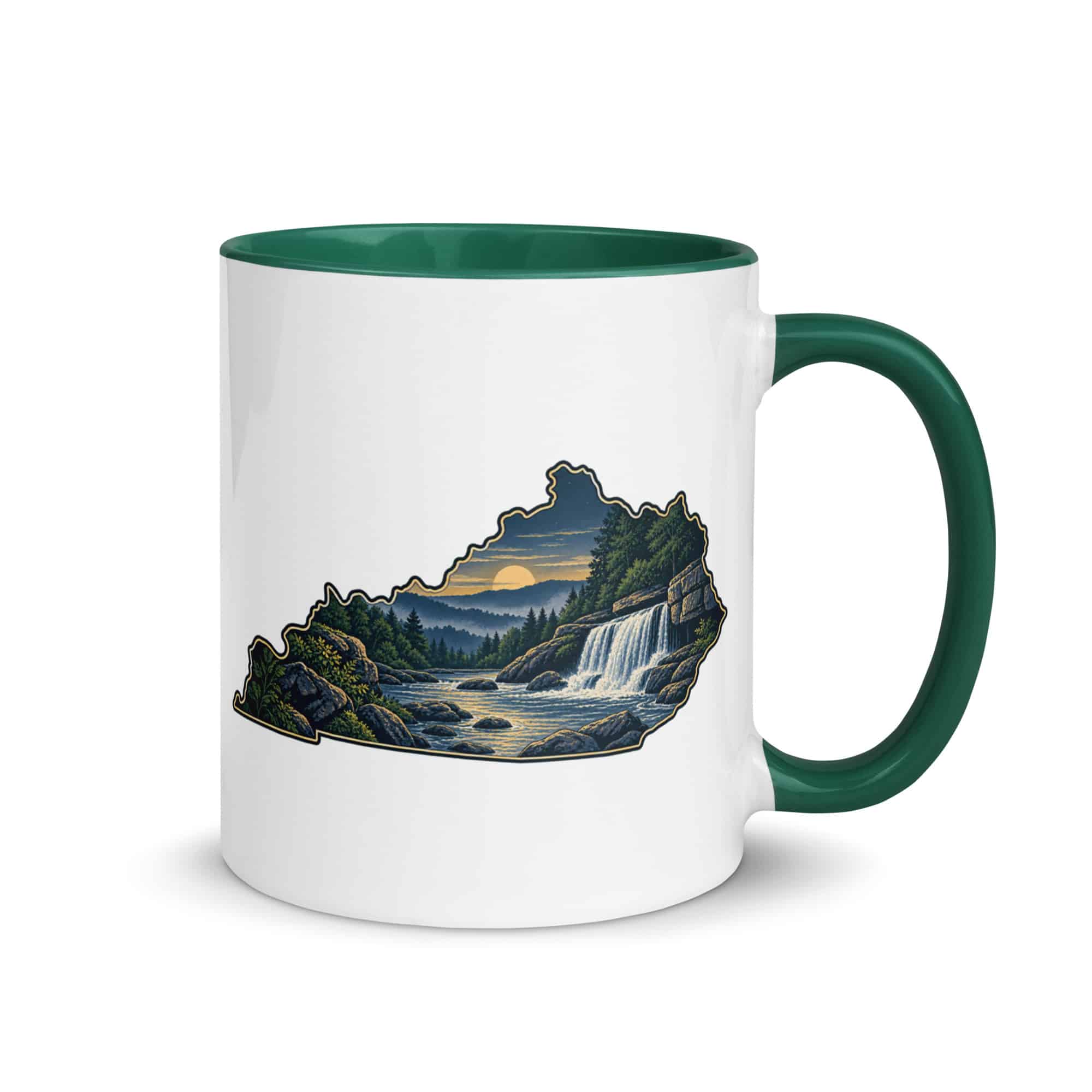 Kentucky Color Inside Coffee Mug: Creek and waterfall, Illustrated Kentucky Silhouette