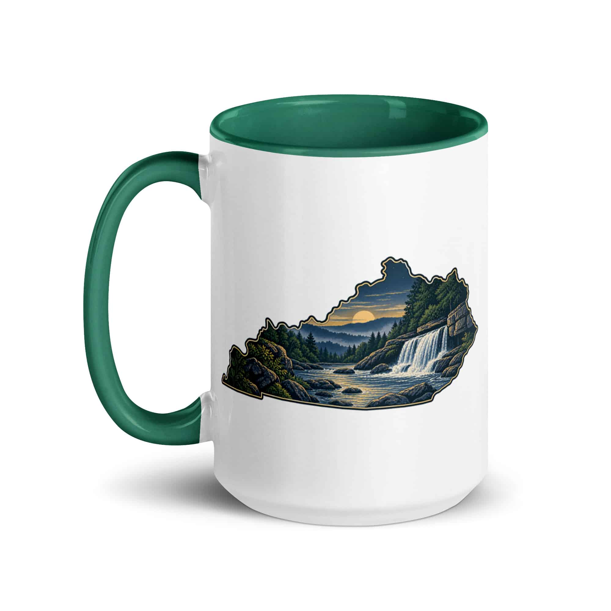 Kentucky Color Inside Coffee Mug: Creek and waterfall, Illustrated Kentucky Silhouette
