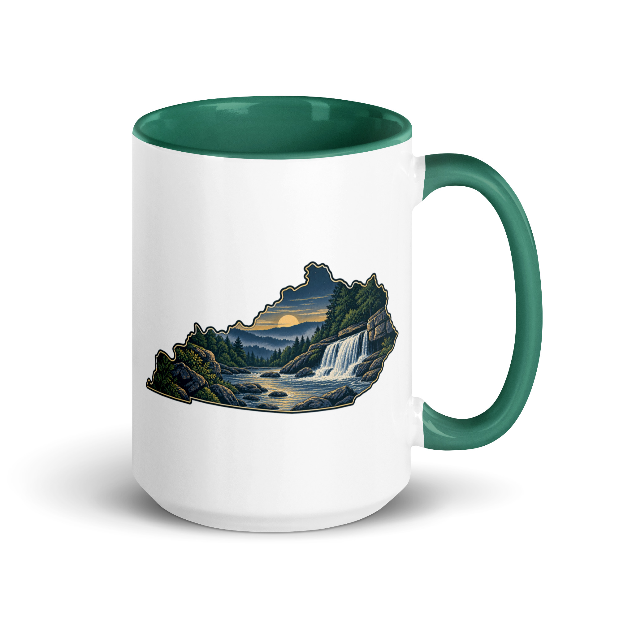 Kentucky Color Inside Coffee Mug: Creek and waterfall, Illustrated Kentucky Silhouette
