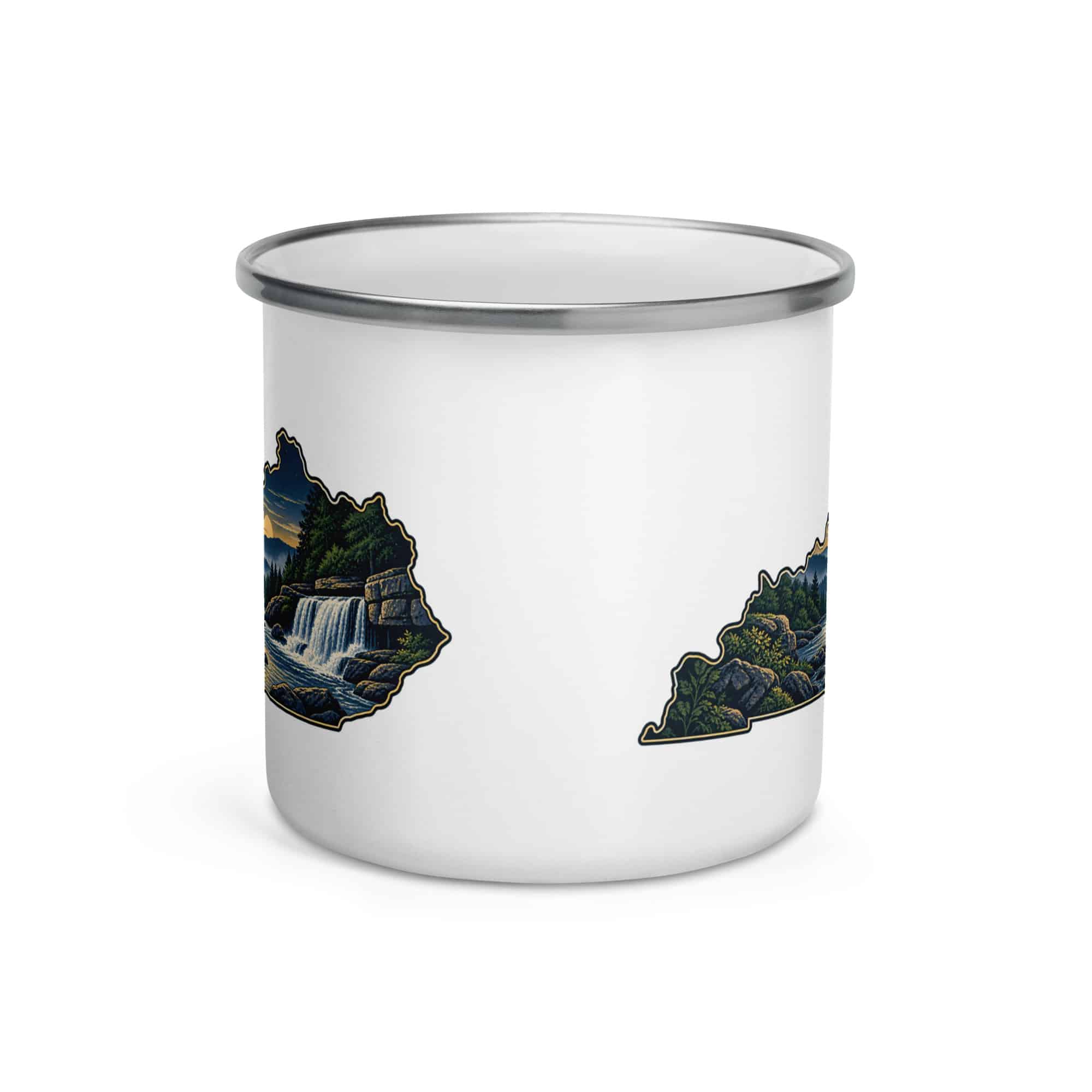 Kentucky Enamel Camp Mug: Creek and waterfall, Illustrated Kentucky Silhouette