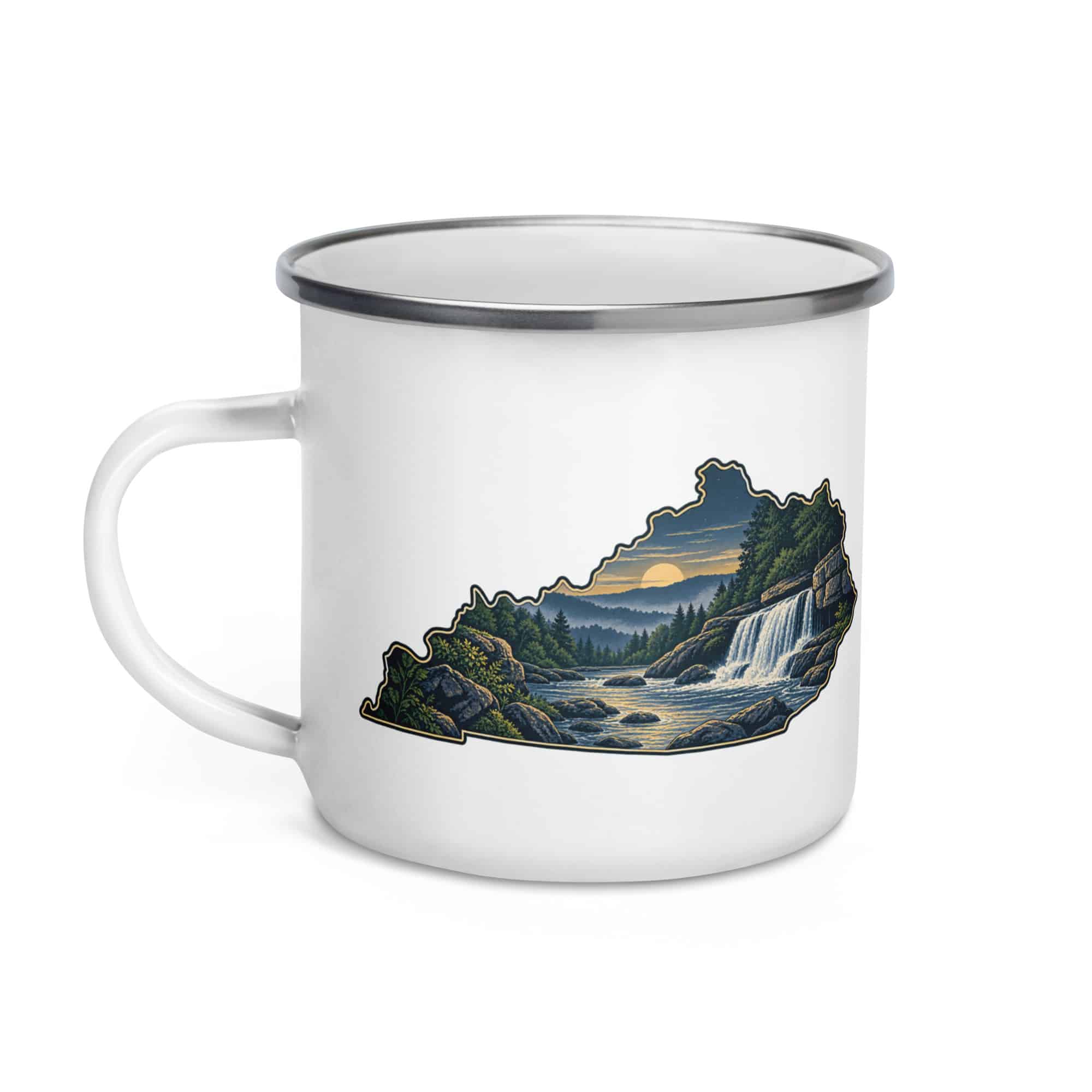Kentucky Enamel Camp Mug: Creek and waterfall, Illustrated Kentucky Silhouette
