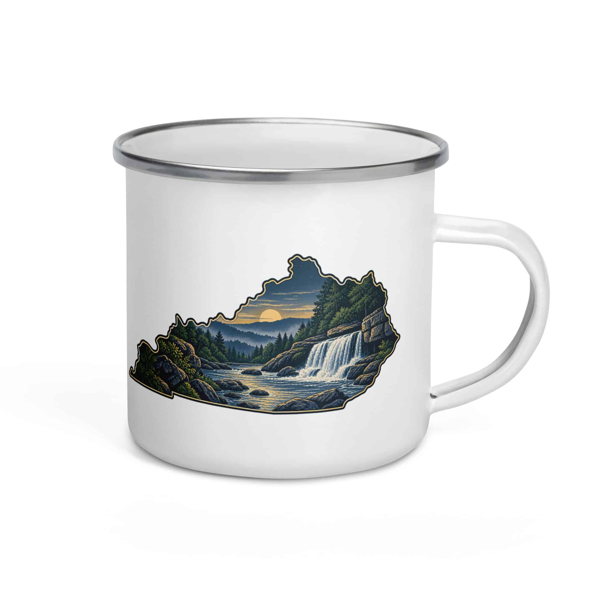 Kentucky Enamel Camp Mug: Creek and waterfall, Illustrated Kentucky Silhouette