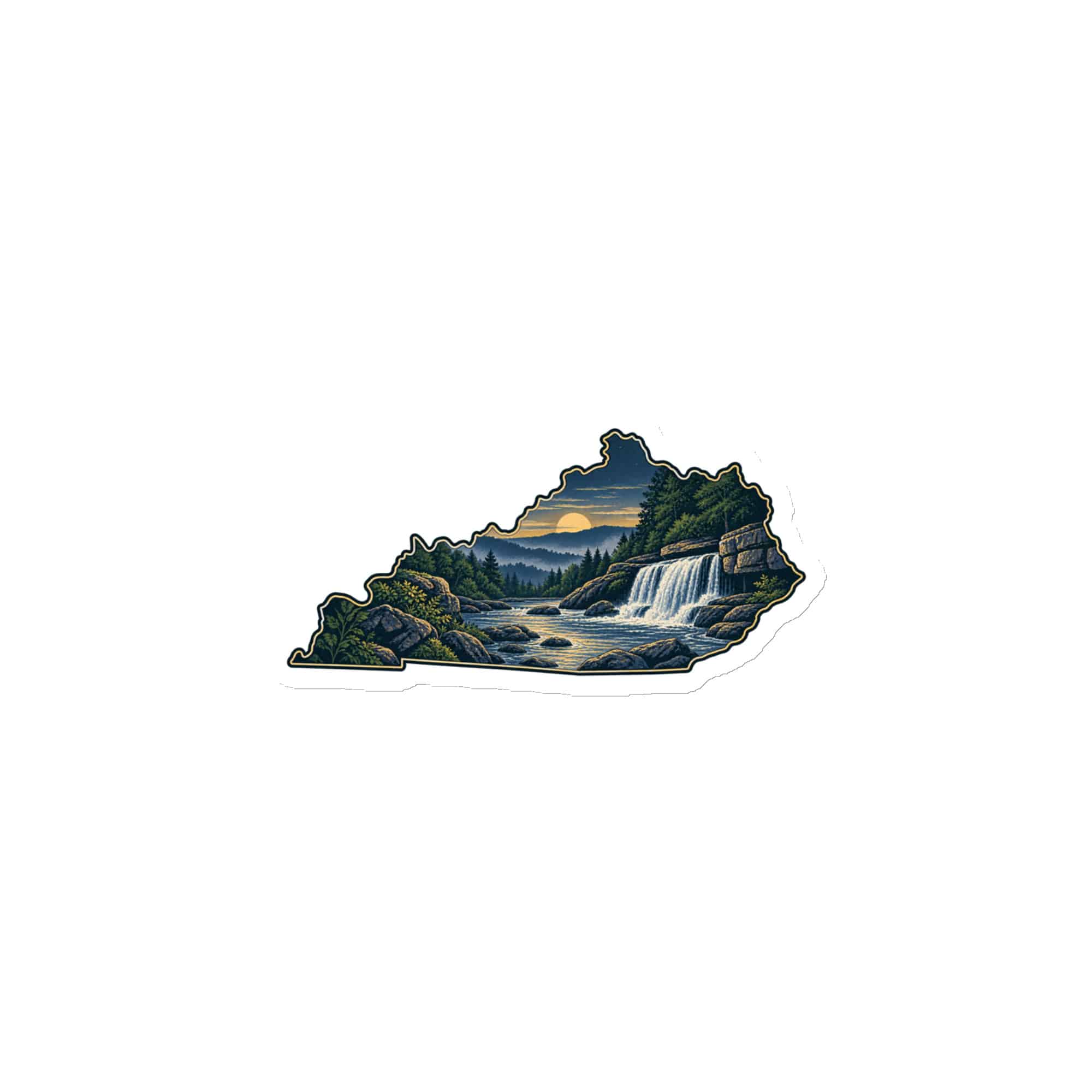 Kentucky Die-Cut Magnet: Creek and waterfall, Illustrated Kentucky Silhouette