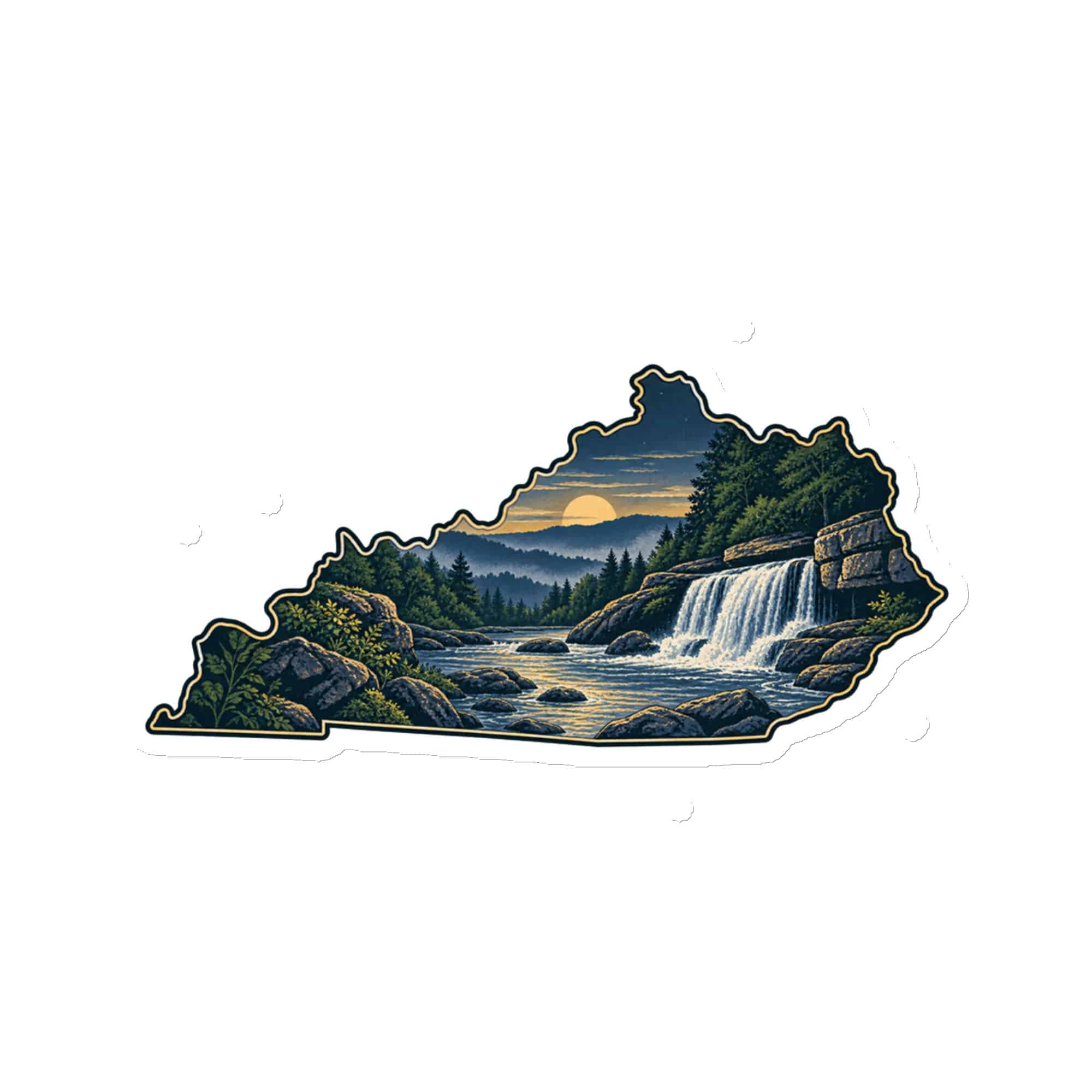 Kentucky Die-Cut Magnet: Creek and waterfall, Illustrated Kentucky Silhouette