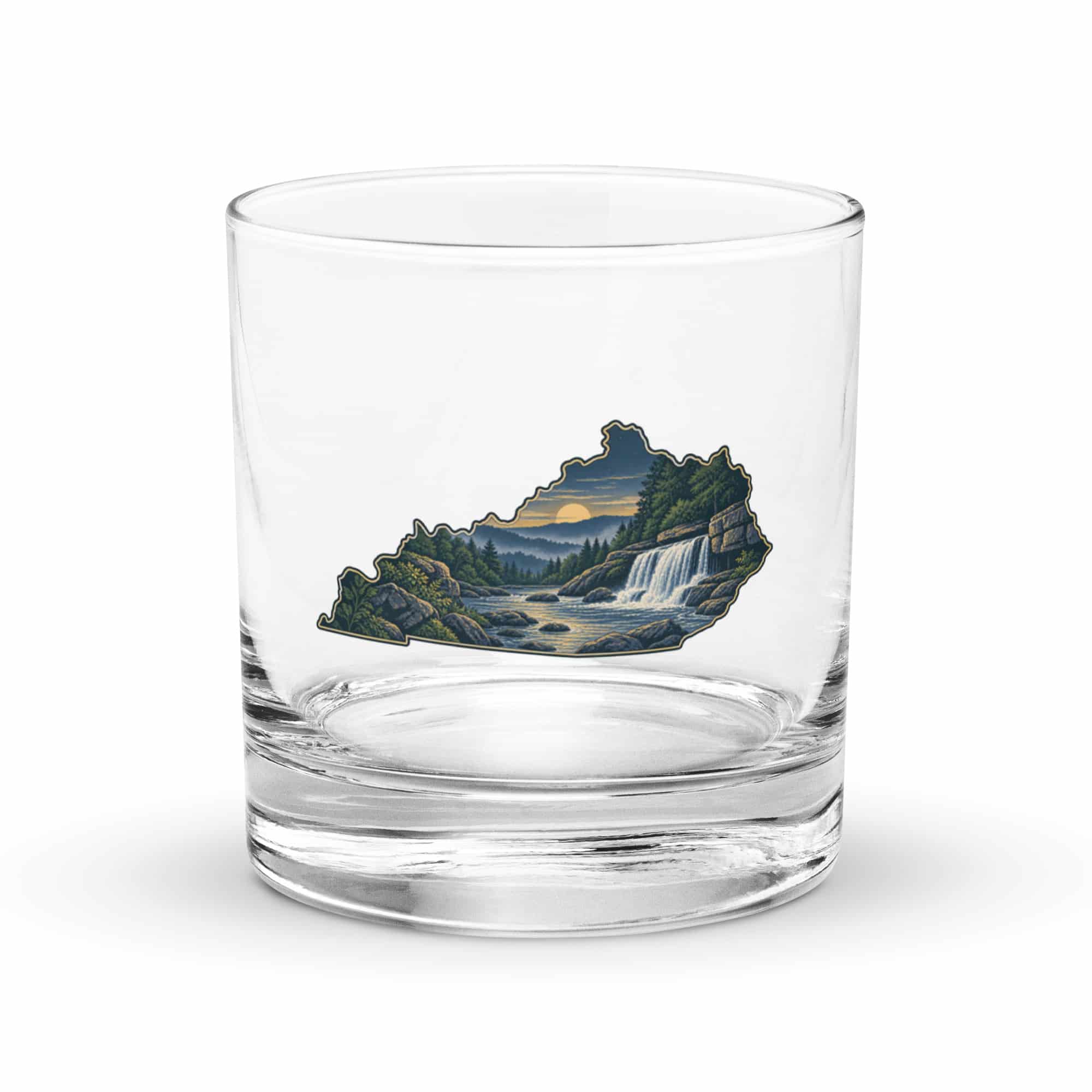 Kentucky Rocks Glass: Creek and waterfall, Illustrated Kentucky Silhouette