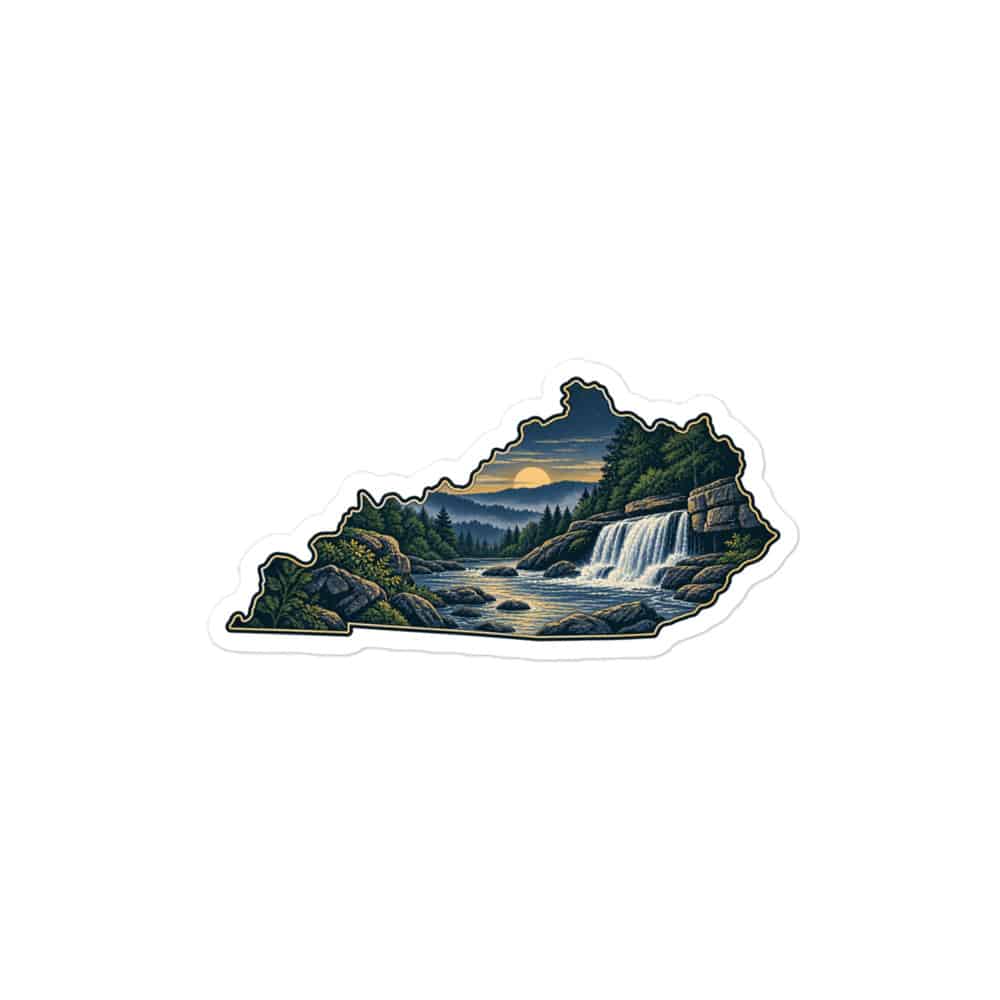 Kentucky Vinyl Sticker: Creek and waterfall, Illustrated Kentucky Silhouette