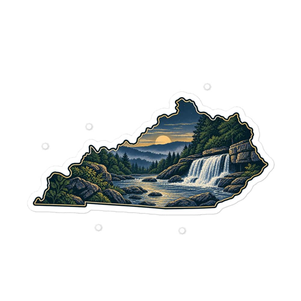 Kentucky Vinyl Sticker: Creek and waterfall, Illustrated Kentucky Silhouette
