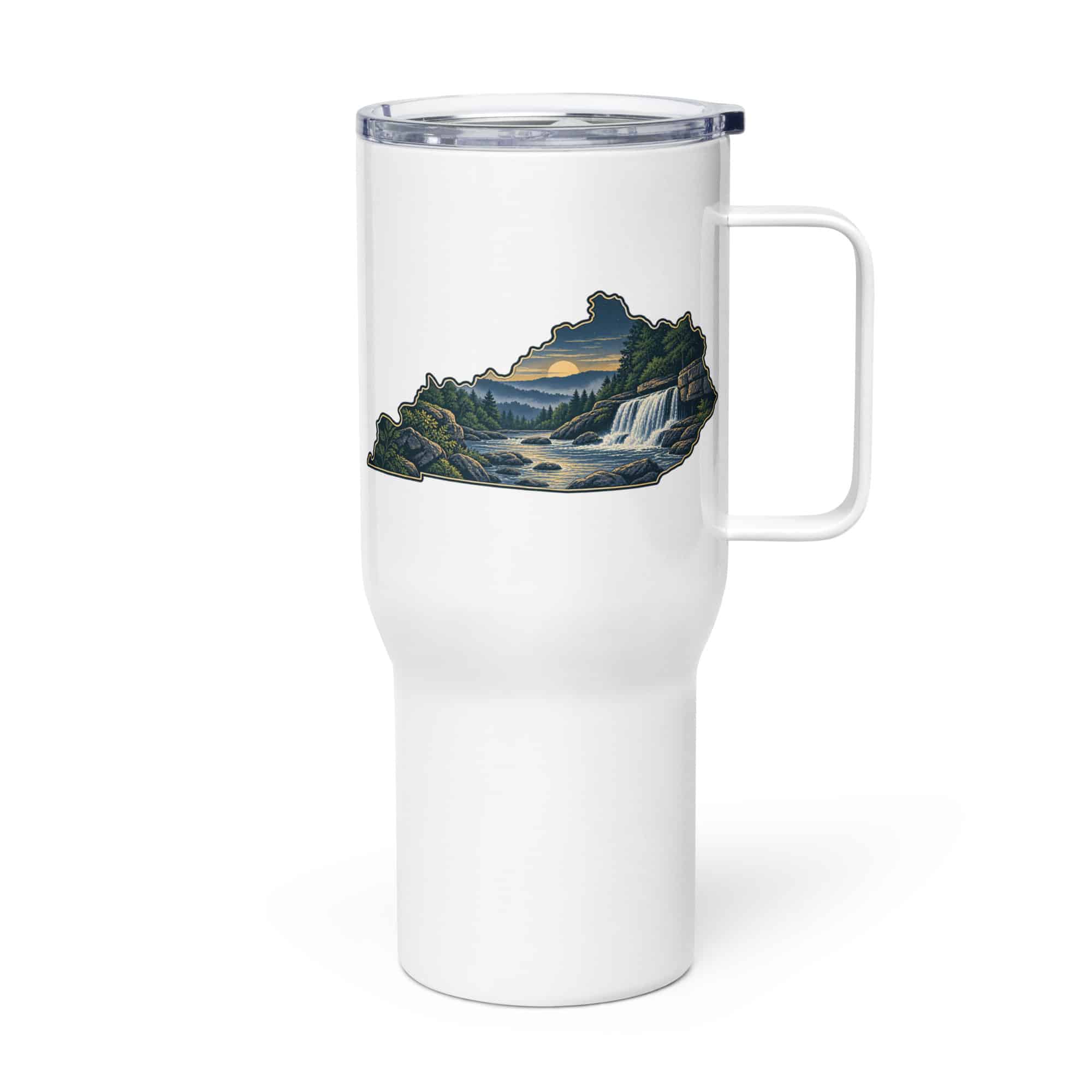 Kentucky Travel Mug: Creek and waterfall, Illustrated Kentucky Silhouette