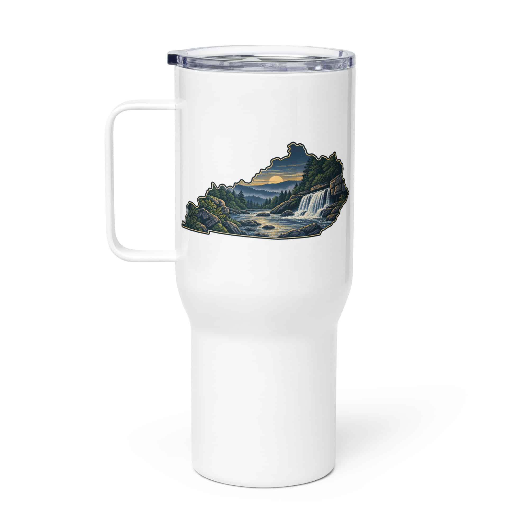 Kentucky Travel Mug: Creek and waterfall, Illustrated Kentucky Silhouette