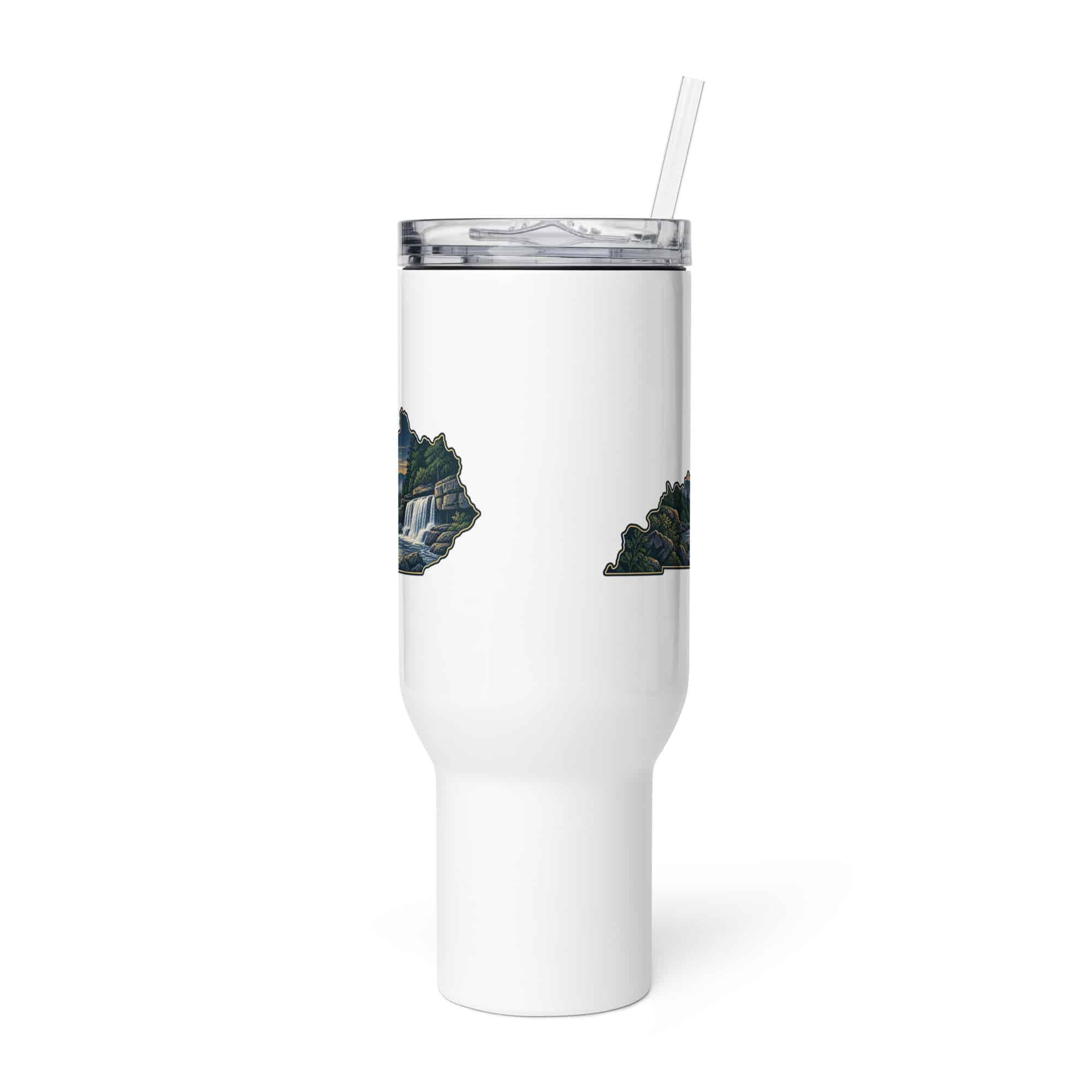 Kentucky Travel Mug: Creek and waterfall, Illustrated Kentucky Silhouette