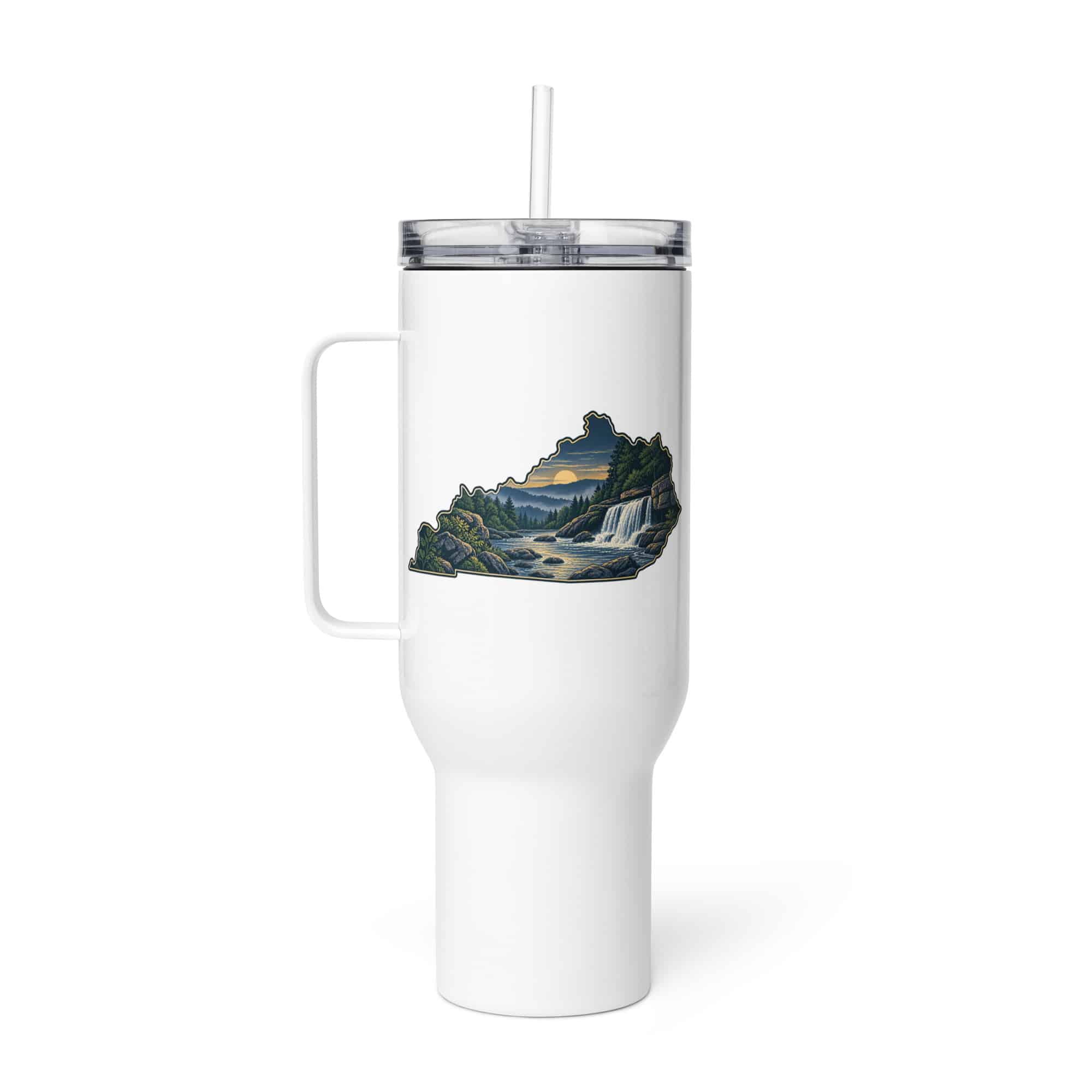 Kentucky Travel Mug: Creek and waterfall, Illustrated Kentucky Silhouette