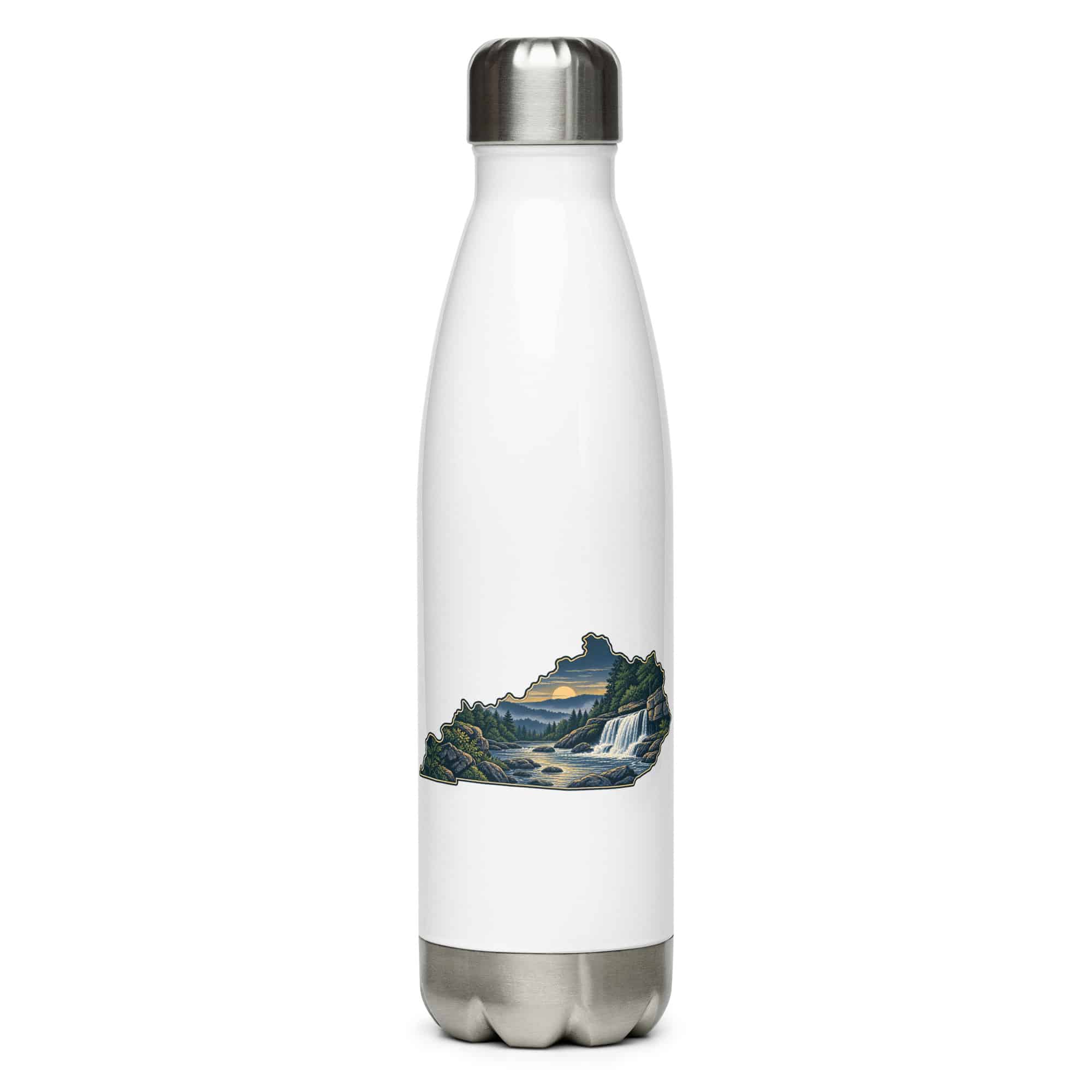 Kentucky Stainless Steel Water Bottle: Creek and waterfall, Illustrated Kentucky Silhouette