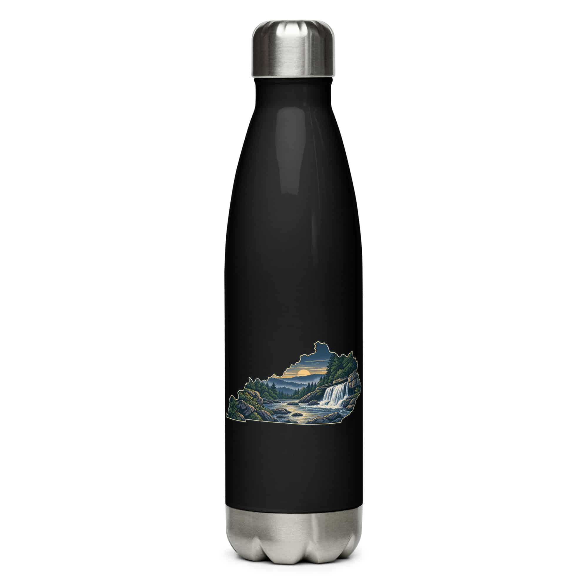 Kentucky Stainless Steel Water Bottle: Creek and waterfall, Illustrated Kentucky Silhouette