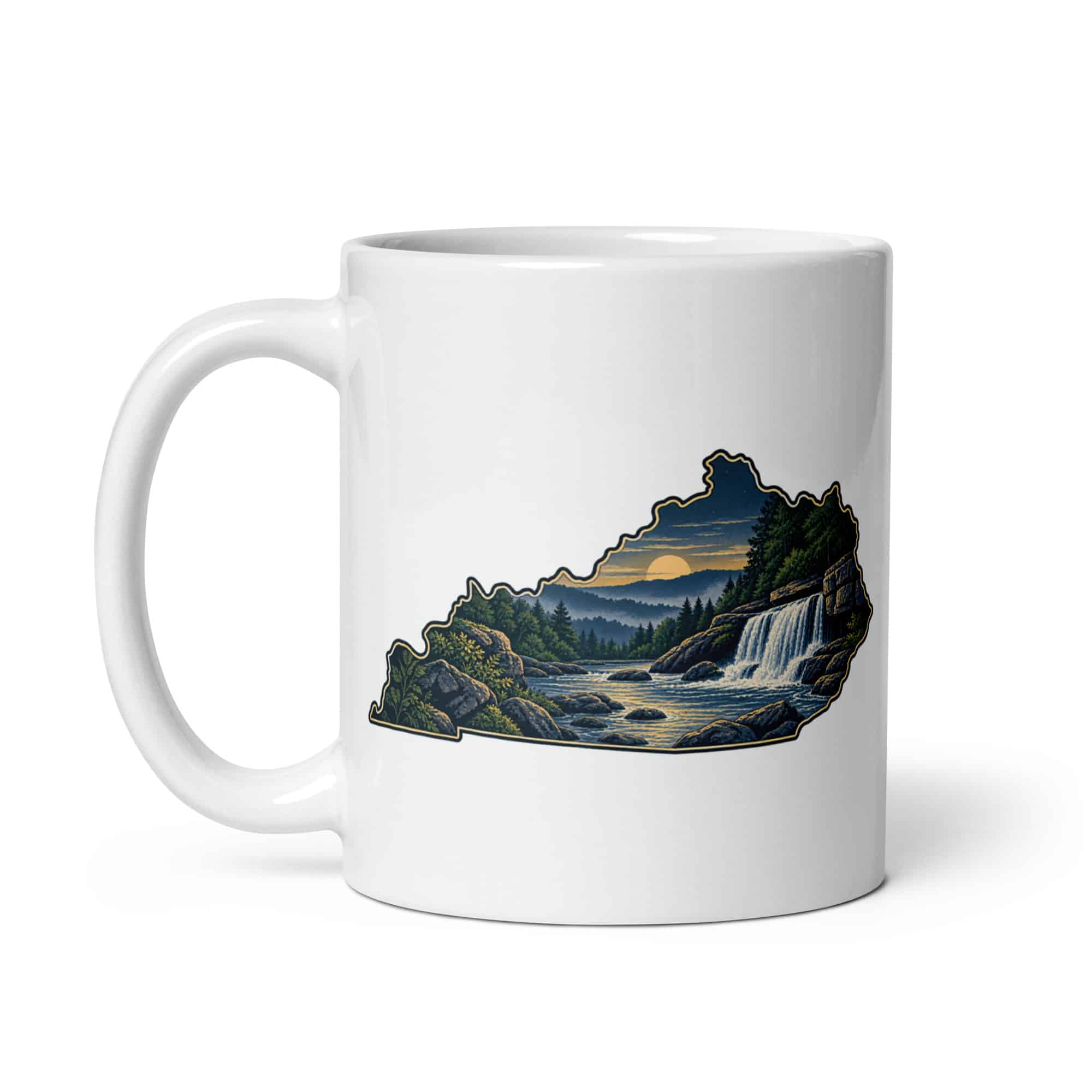 Kentucky White Ceramic Coffee Mug: Creek and waterfall, Illustrated Kentucky Silhouette