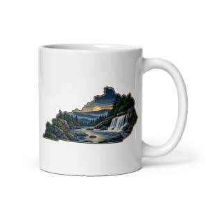 Kentucky White Ceramic Coffee Mug: Creek and waterfall, Illustrated Kentucky Silhouette - 11 oz - Main
