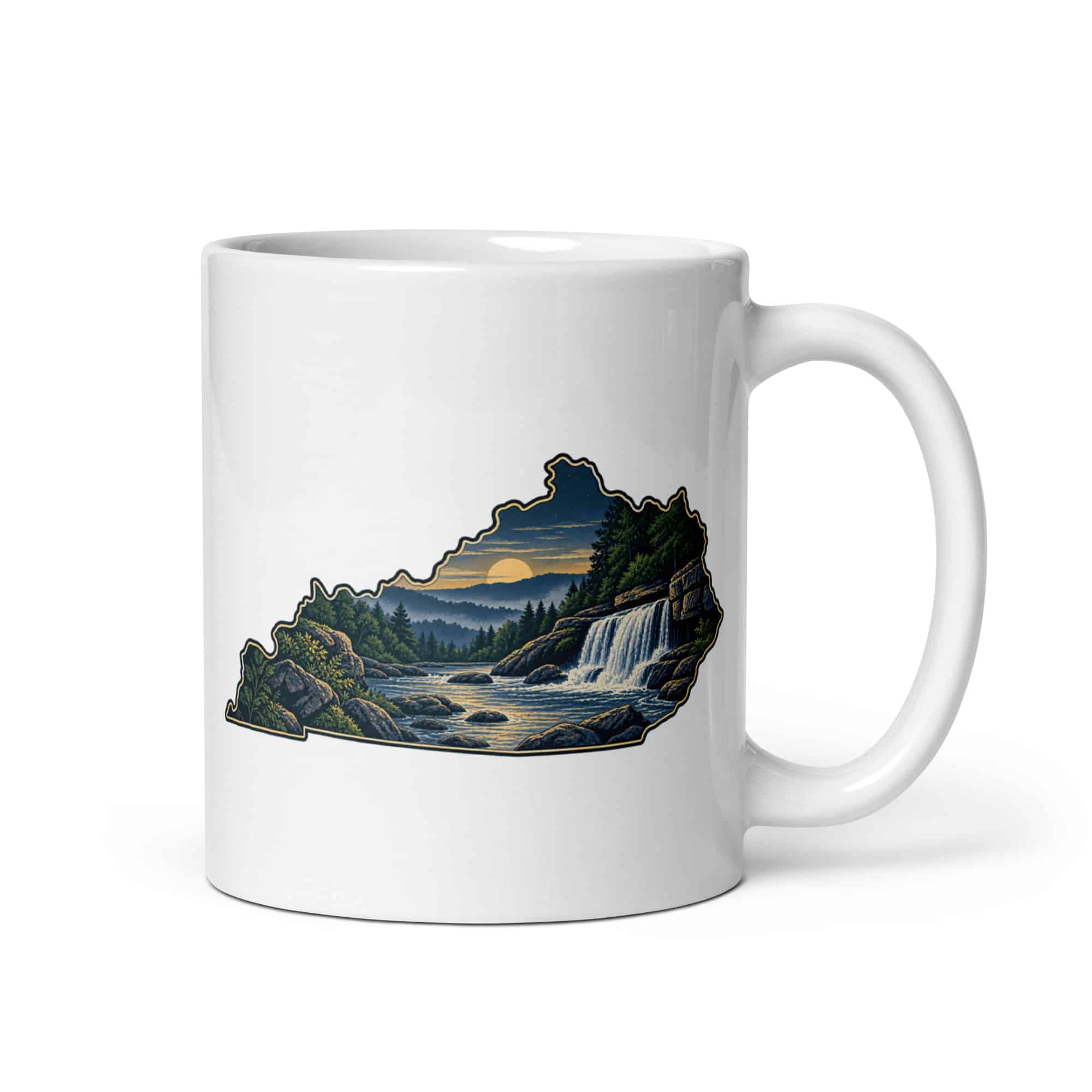 Kentucky White Ceramic Coffee Mug: Creek and waterfall, Illustrated Kentucky Silhouette