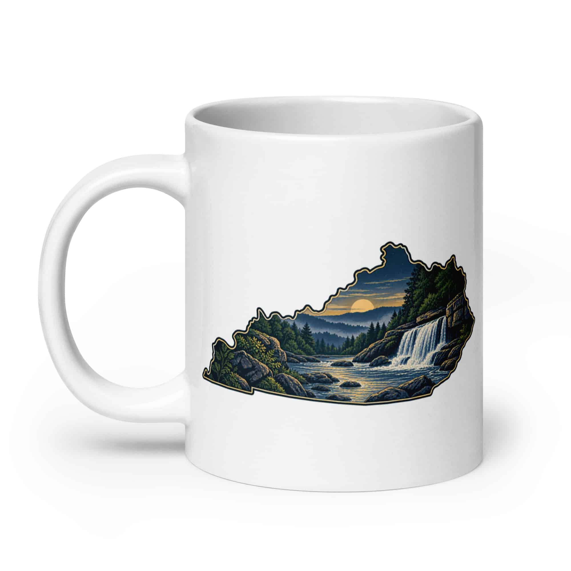 Kentucky White Ceramic Coffee Mug: Creek and waterfall, Illustrated Kentucky Silhouette