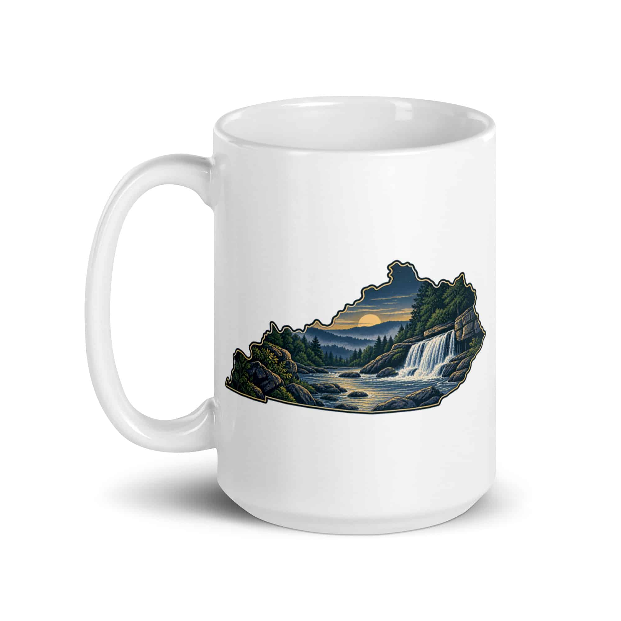 Kentucky White Ceramic Coffee Mug: Creek and waterfall, Illustrated Kentucky Silhouette