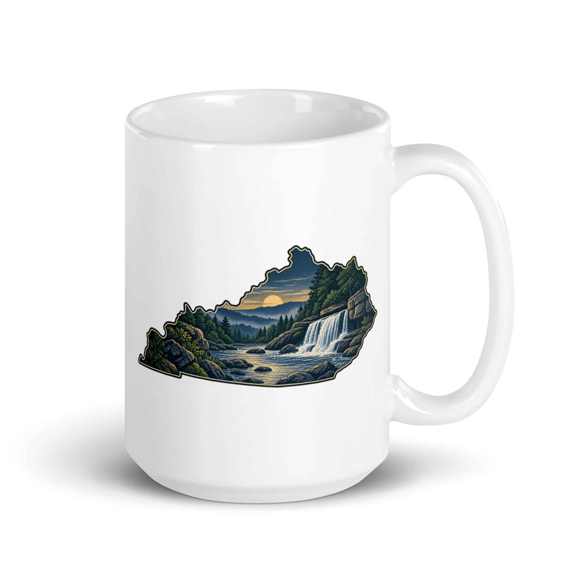 Kentucky White Ceramic Coffee Mug: Creek and waterfall, Illustrated Kentucky Silhouette