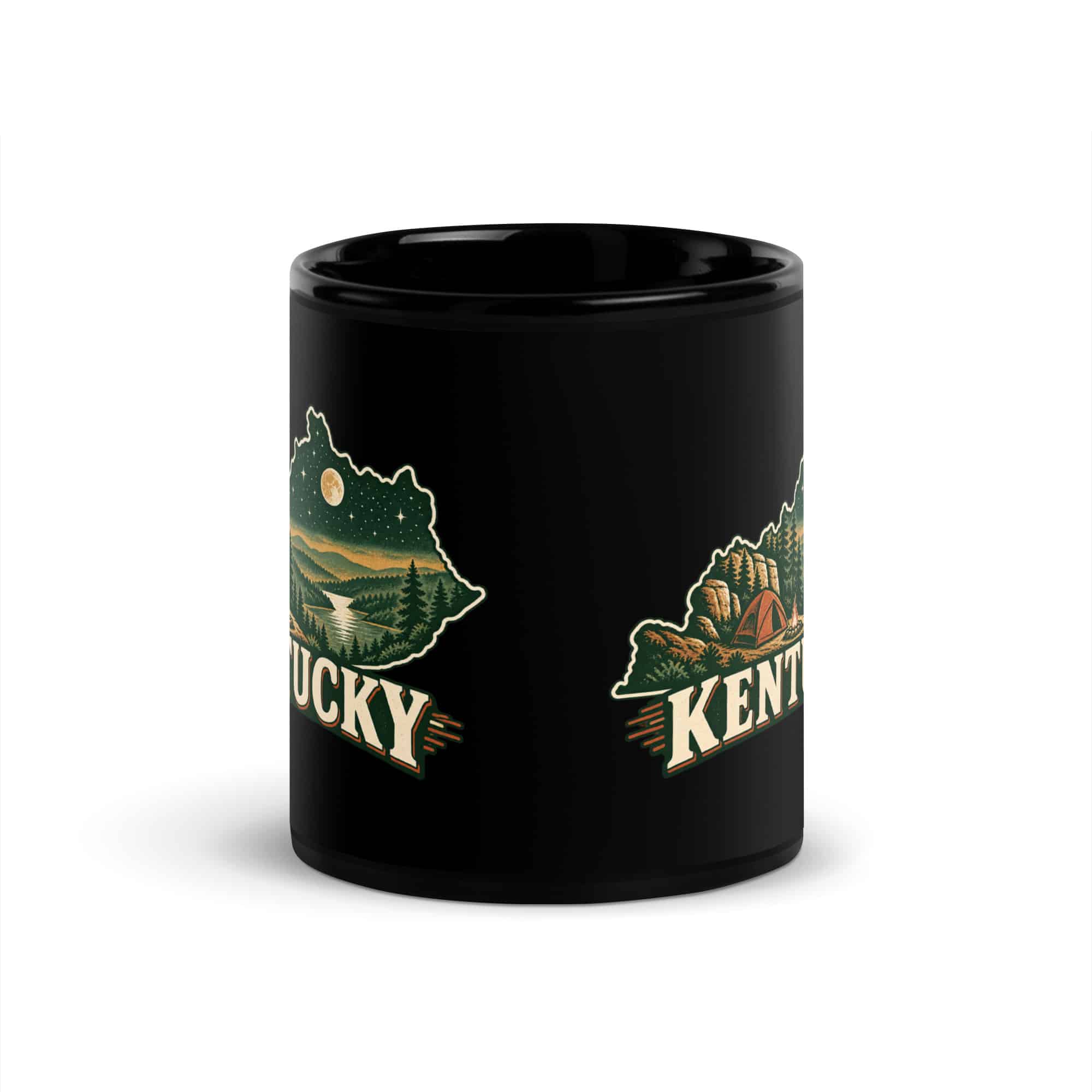 Kentucky Black Coffee Mug: Campsite beneath a starry sky, Vintage Kentucky Silhouette