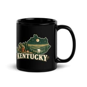 Kentucky Black Coffee Mug: Campsite beneath a starry sky, Vintage Kentucky Silhouette - 11 oz - Handle on Right