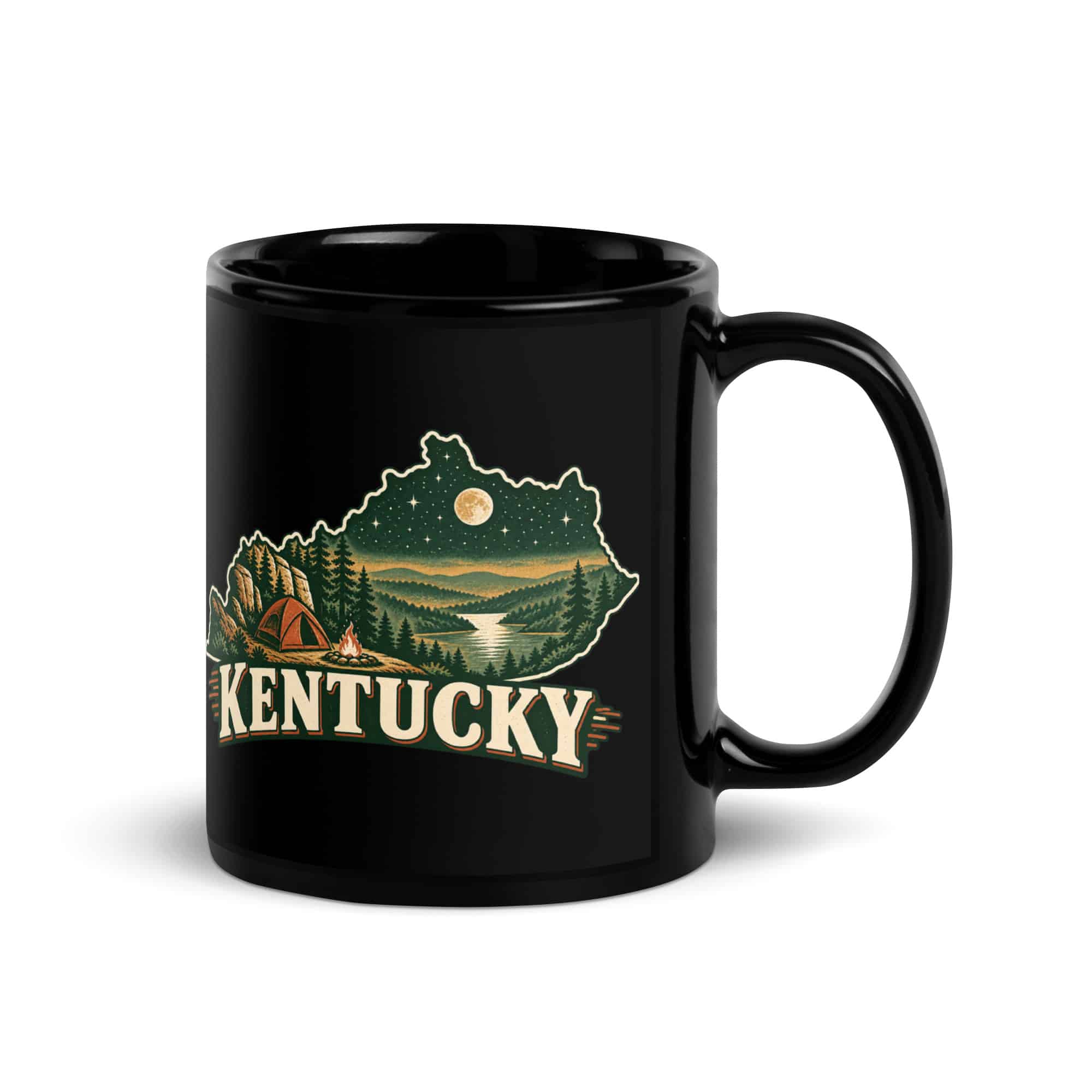 Kentucky Black Coffee Mug: Campsite beneath a starry sky, Vintage Kentucky Silhouette