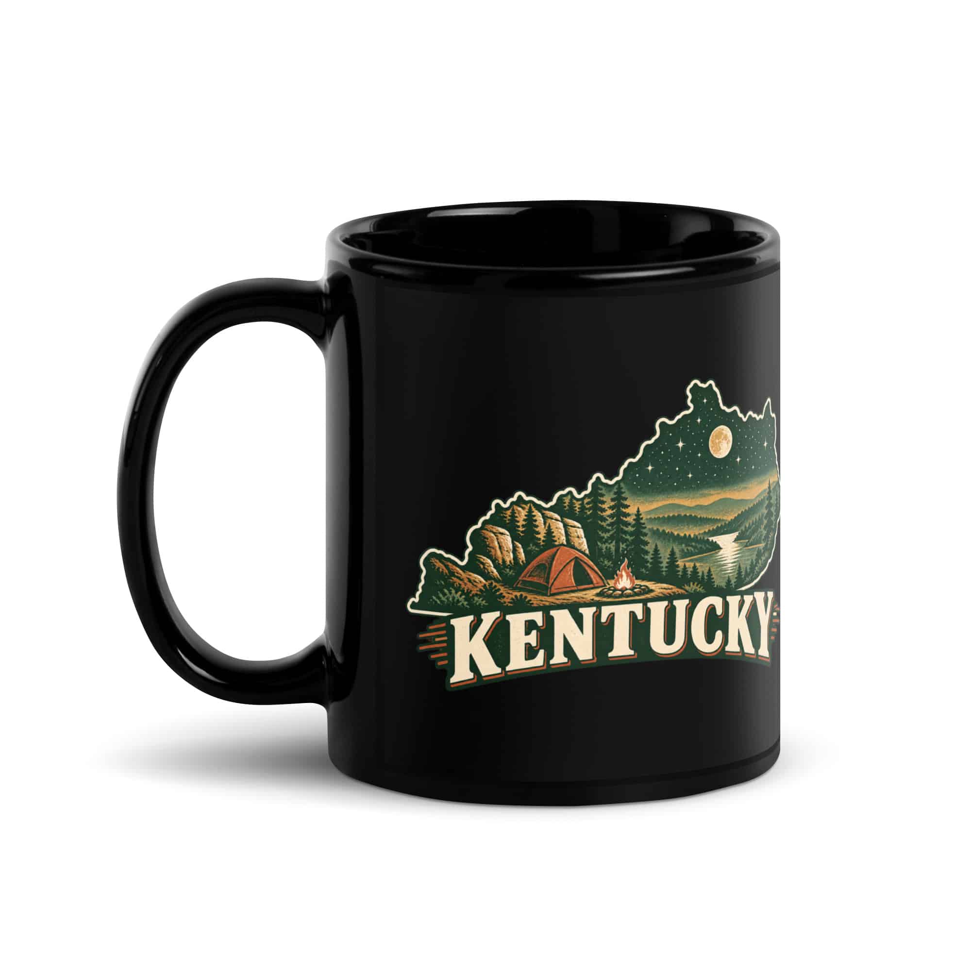 Kentucky Black Coffee Mug: Campsite beneath a starry sky, Vintage Kentucky Silhouette