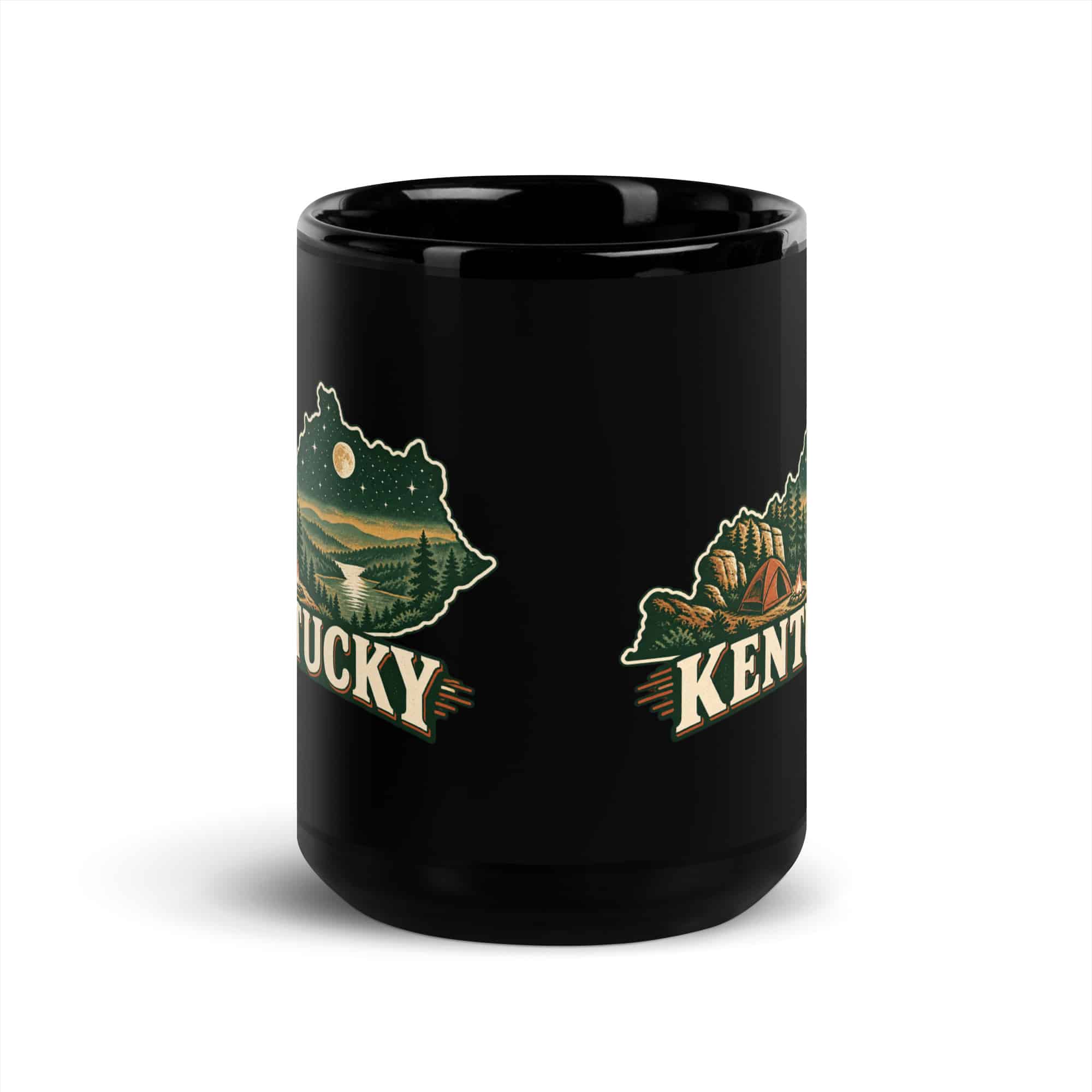 Kentucky Black Coffee Mug: Campsite beneath a starry sky, Vintage Kentucky Silhouette