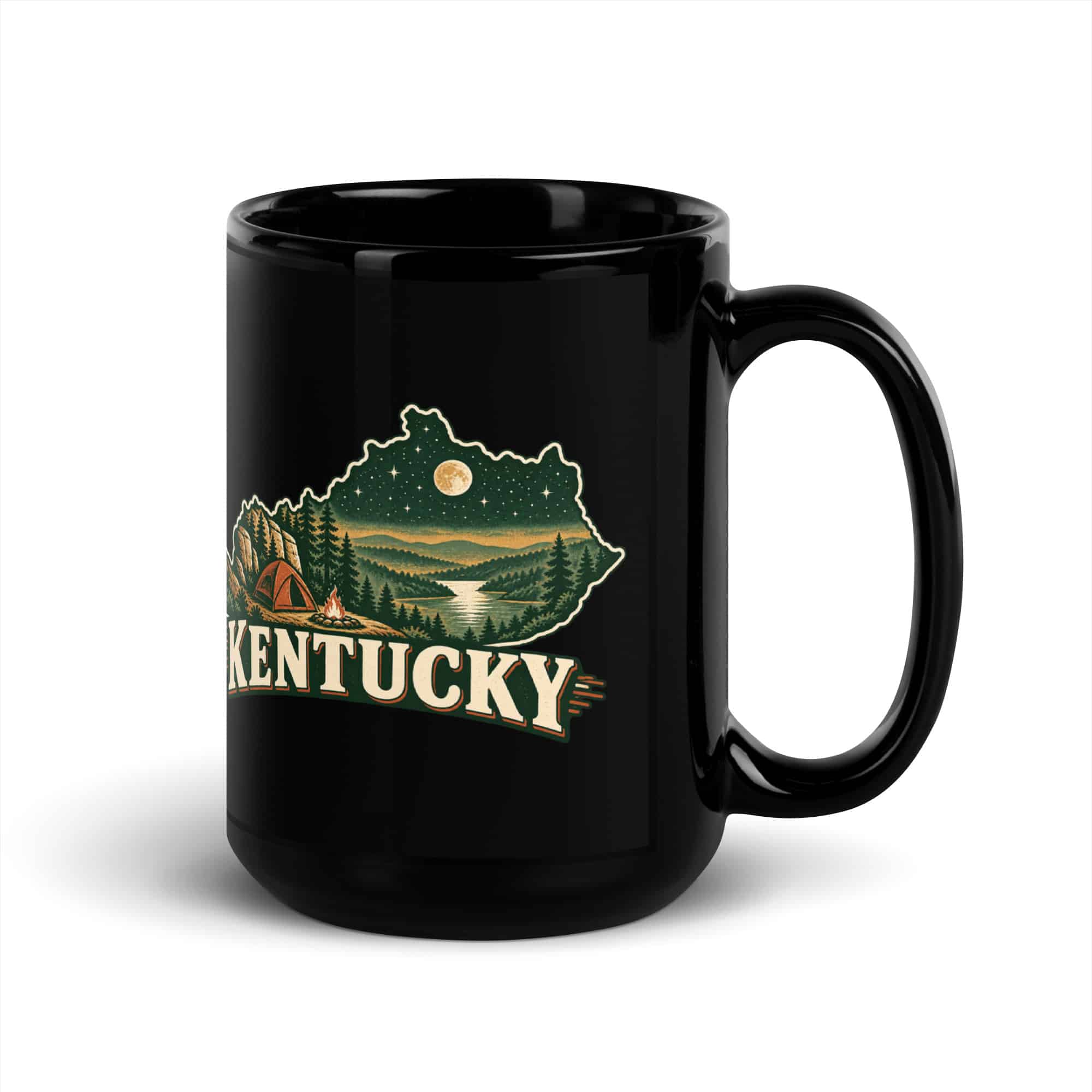 Kentucky Black Coffee Mug: Campsite beneath a starry sky, Vintage Kentucky Silhouette