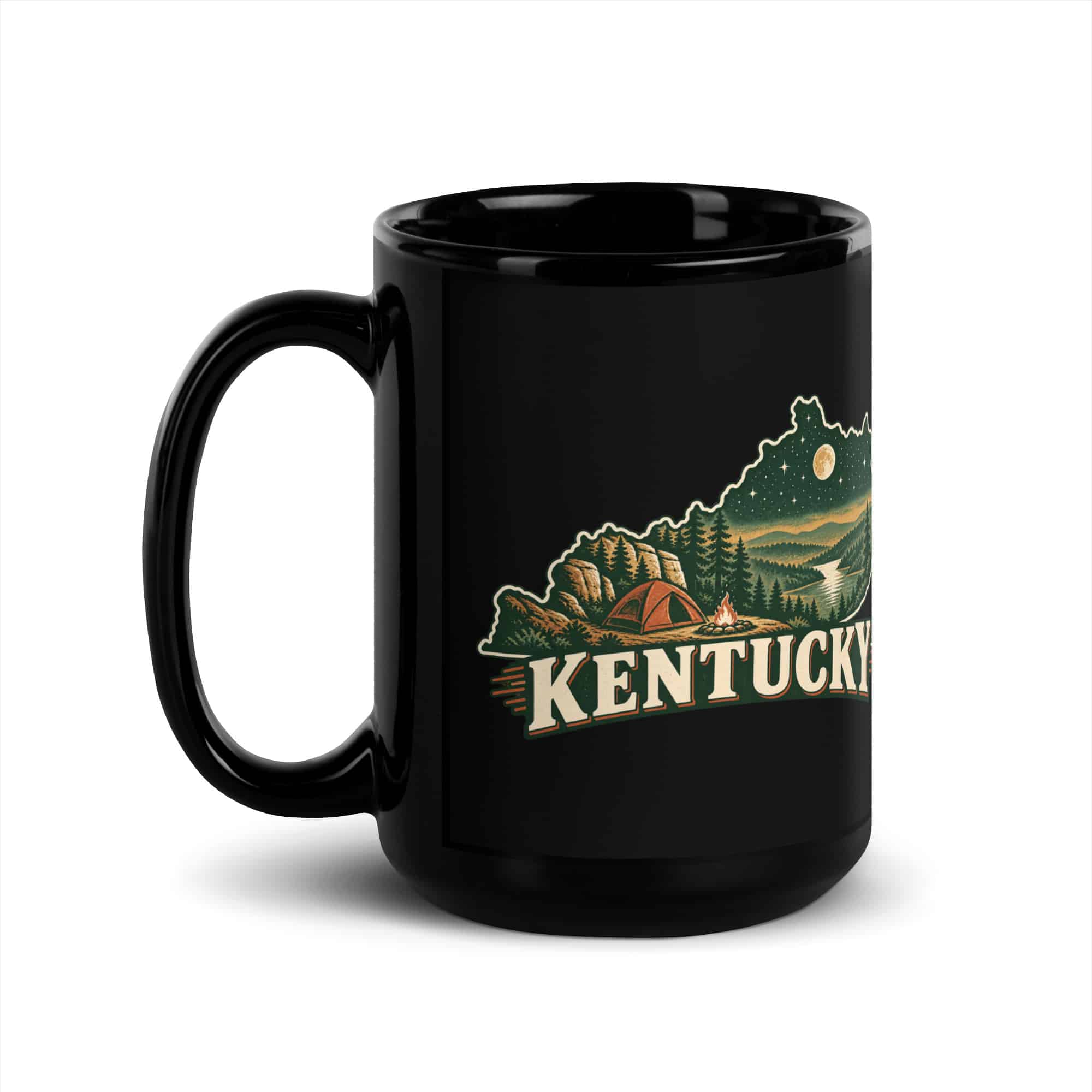 Kentucky Black Coffee Mug: Campsite beneath a starry sky, Vintage Kentucky Silhouette