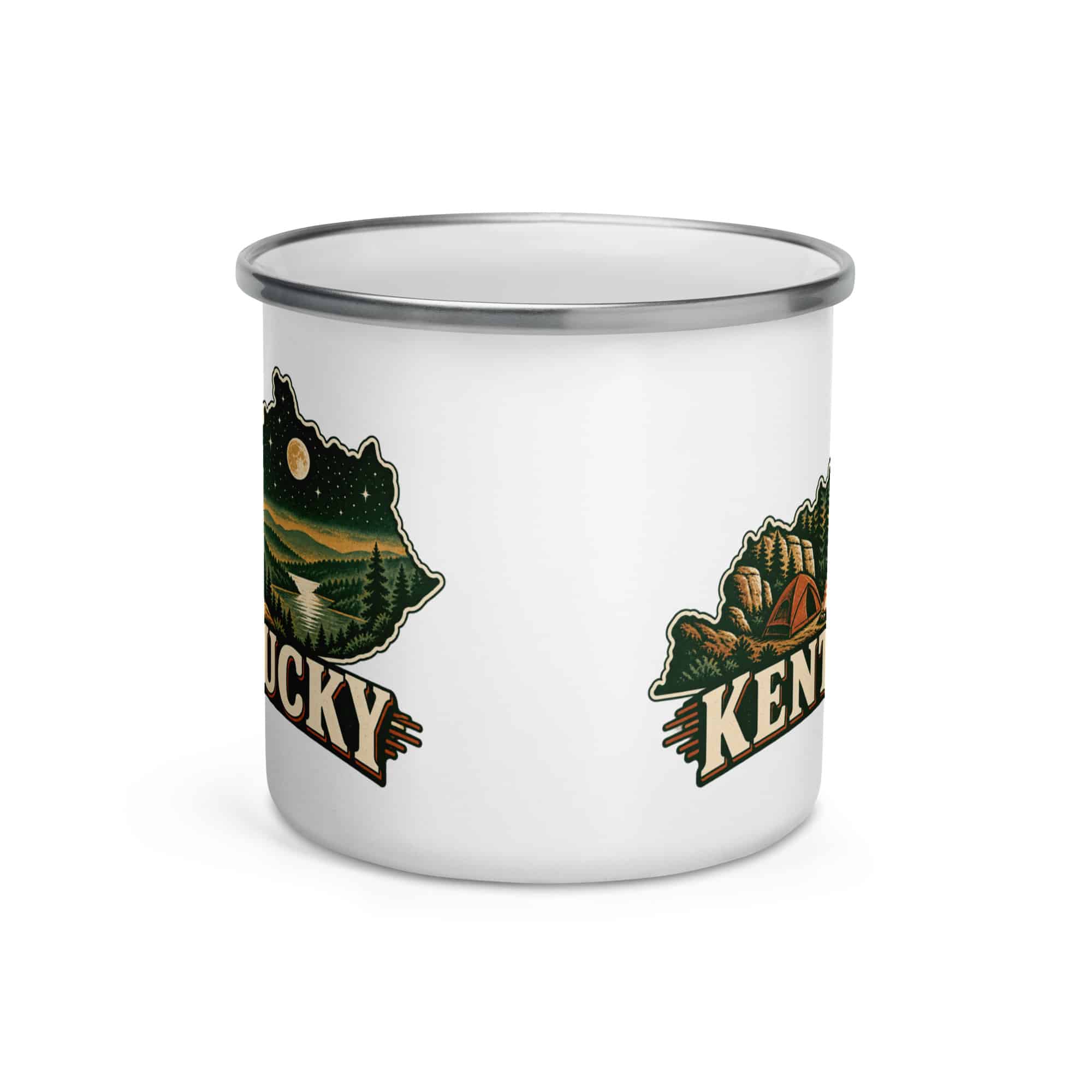 Kentucky Enamel Camp Mug: Campsite beneath a starry sky, Vintage Kentucky Silhouette