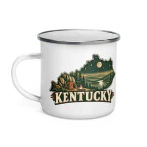 Kentucky Enamel Camp Mug: Campsite beneath a starry sky, Vintage Kentucky Silhouette - 12 oz - Left