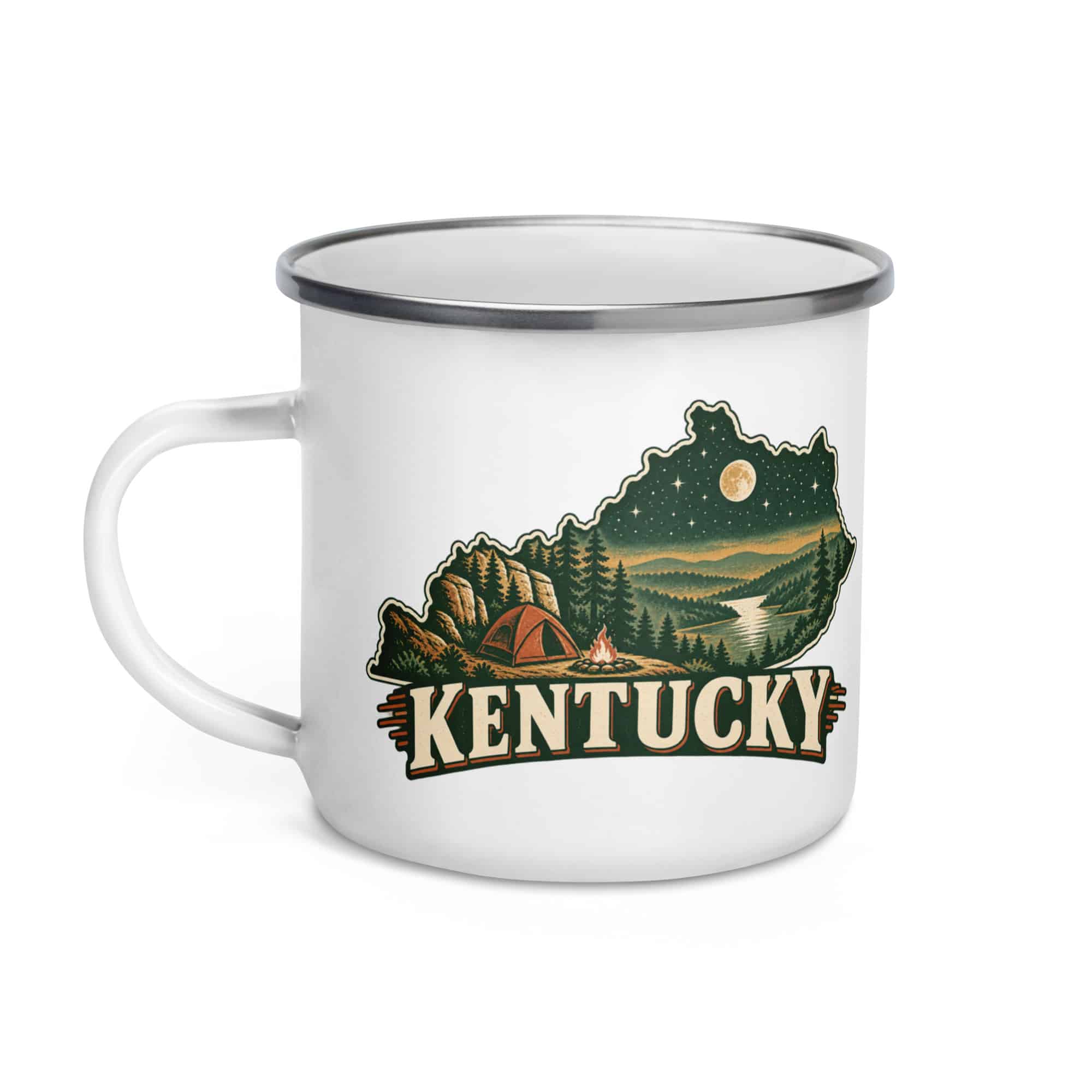 Kentucky Enamel Camp Mug: Campsite beneath a starry sky, Vintage Kentucky Silhouette