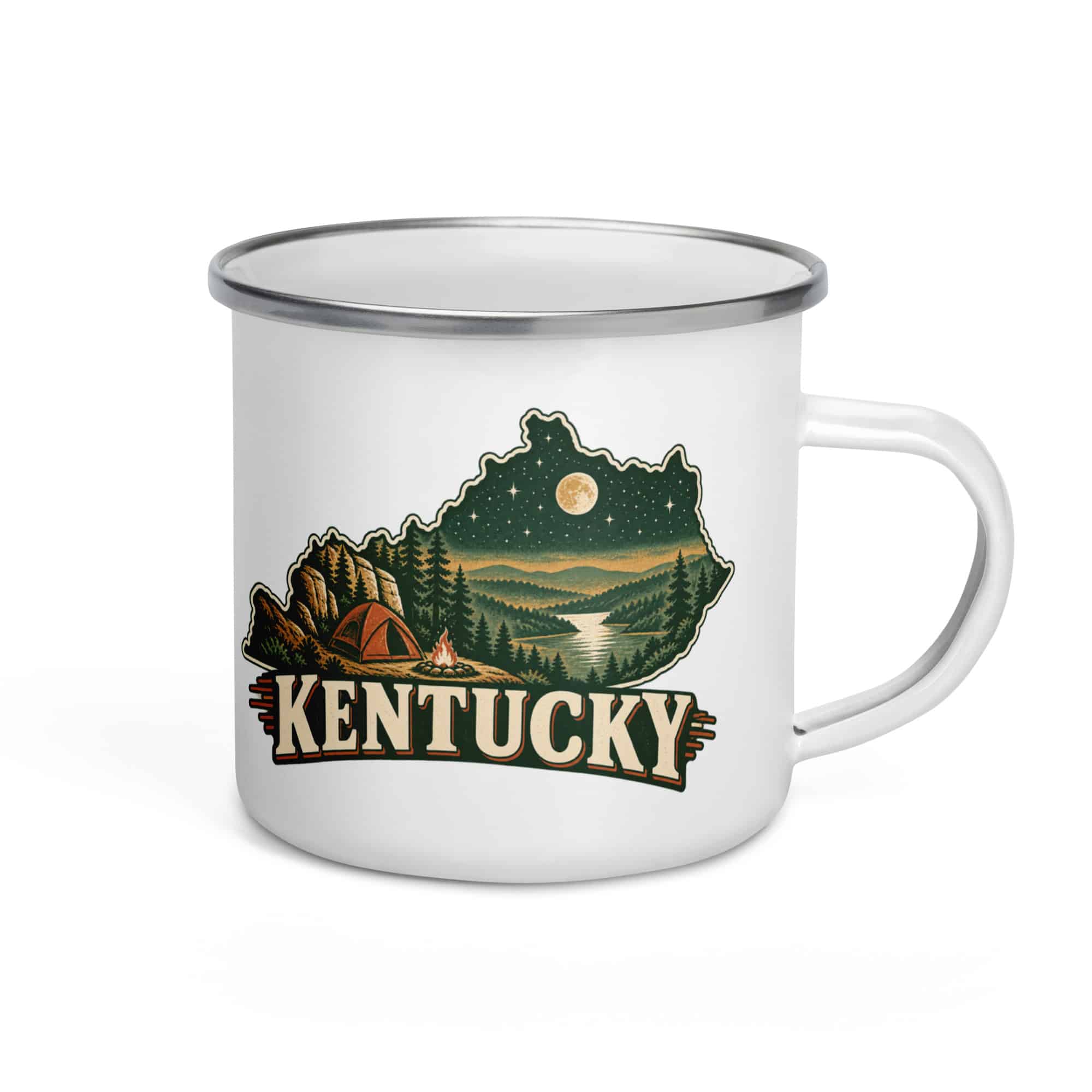 Kentucky Enamel Camp Mug: Campsite beneath a starry sky, Vintage Kentucky Silhouette