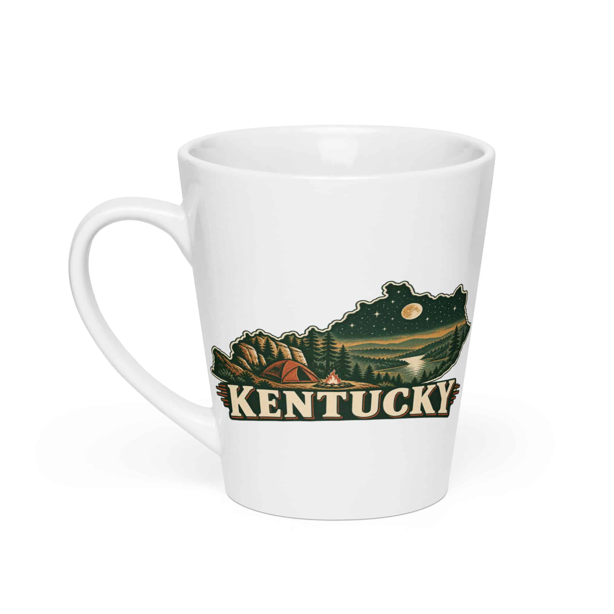 Kentucky Latte Mug: Campsite beneath a starry sky, Vintage Kentucky Silhouette
