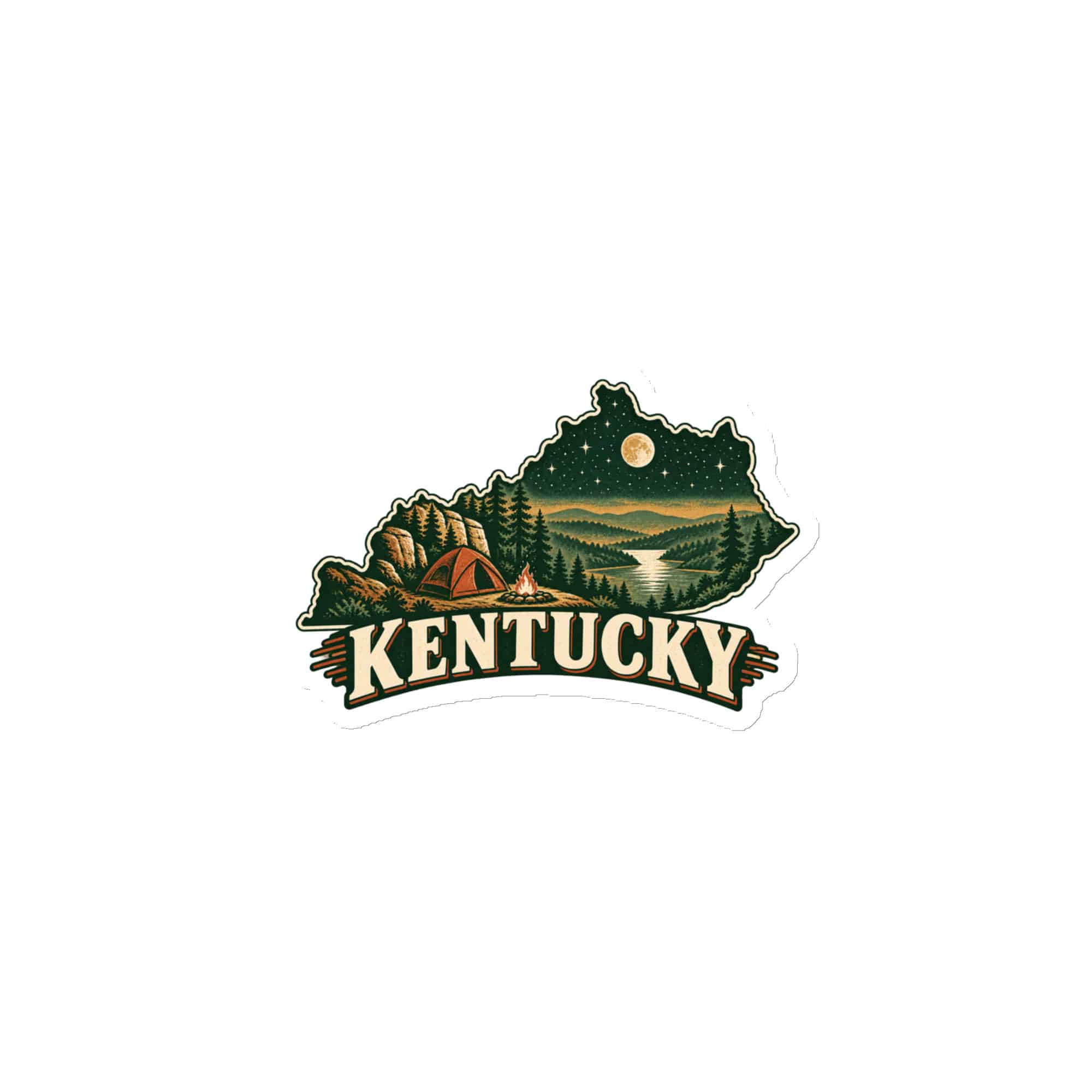 Kentucky Die-Cut Magnet: Campsite beneath a starry sky, Vintage Kentucky Silhouette