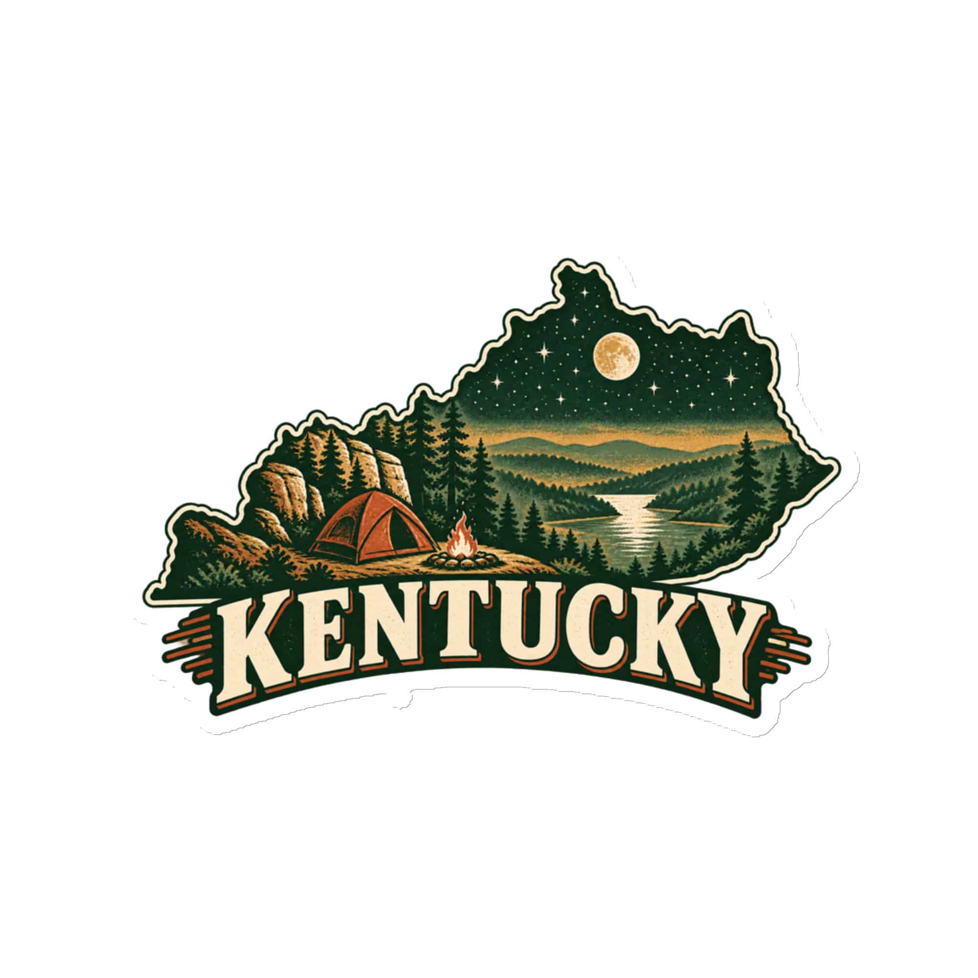 Kentucky Die-Cut Magnet: Campsite beneath a starry sky, Vintage Kentucky Silhouette