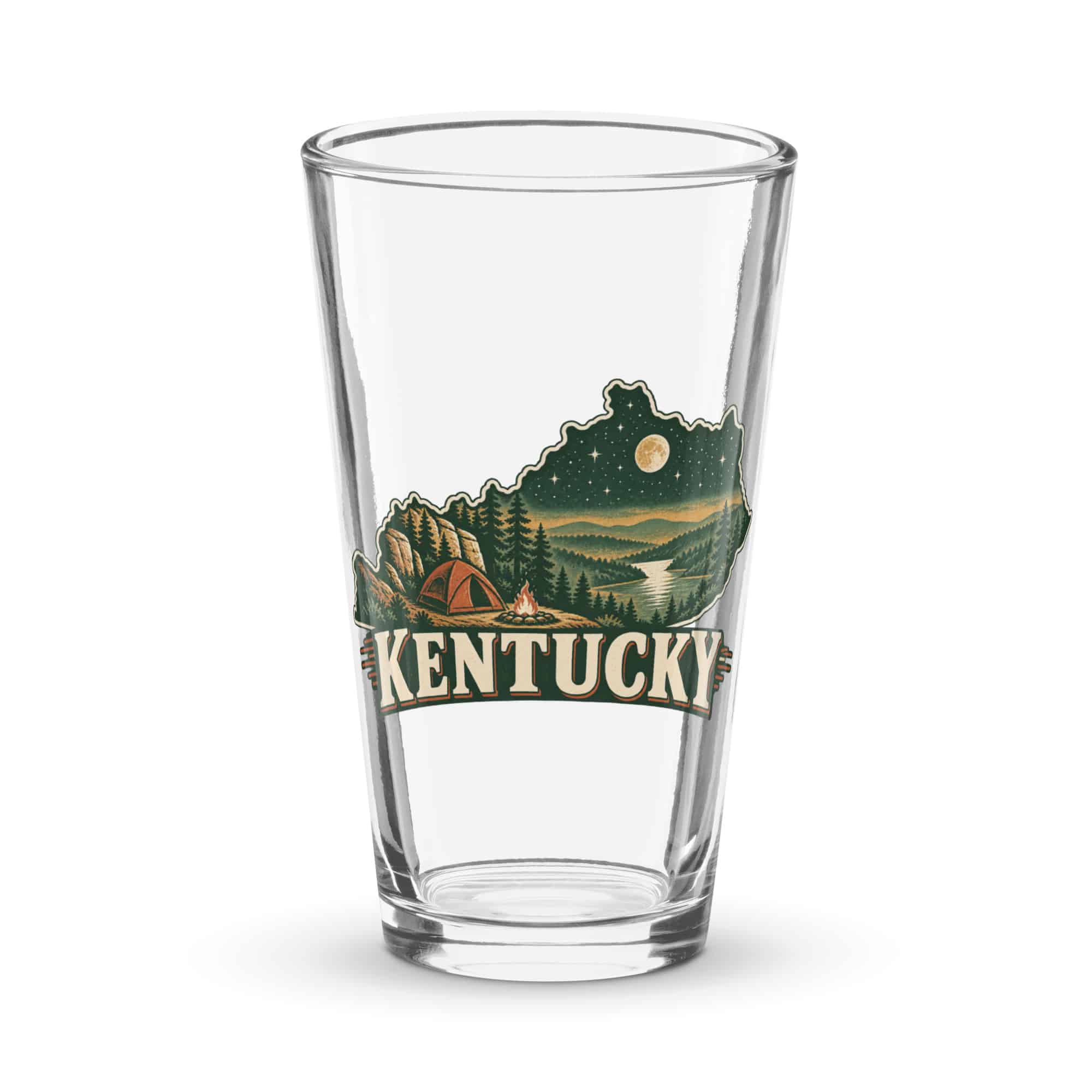 Kentucky Pint Glass: Campsite beneath a starry sky, Vintage Kentucky Silhouette