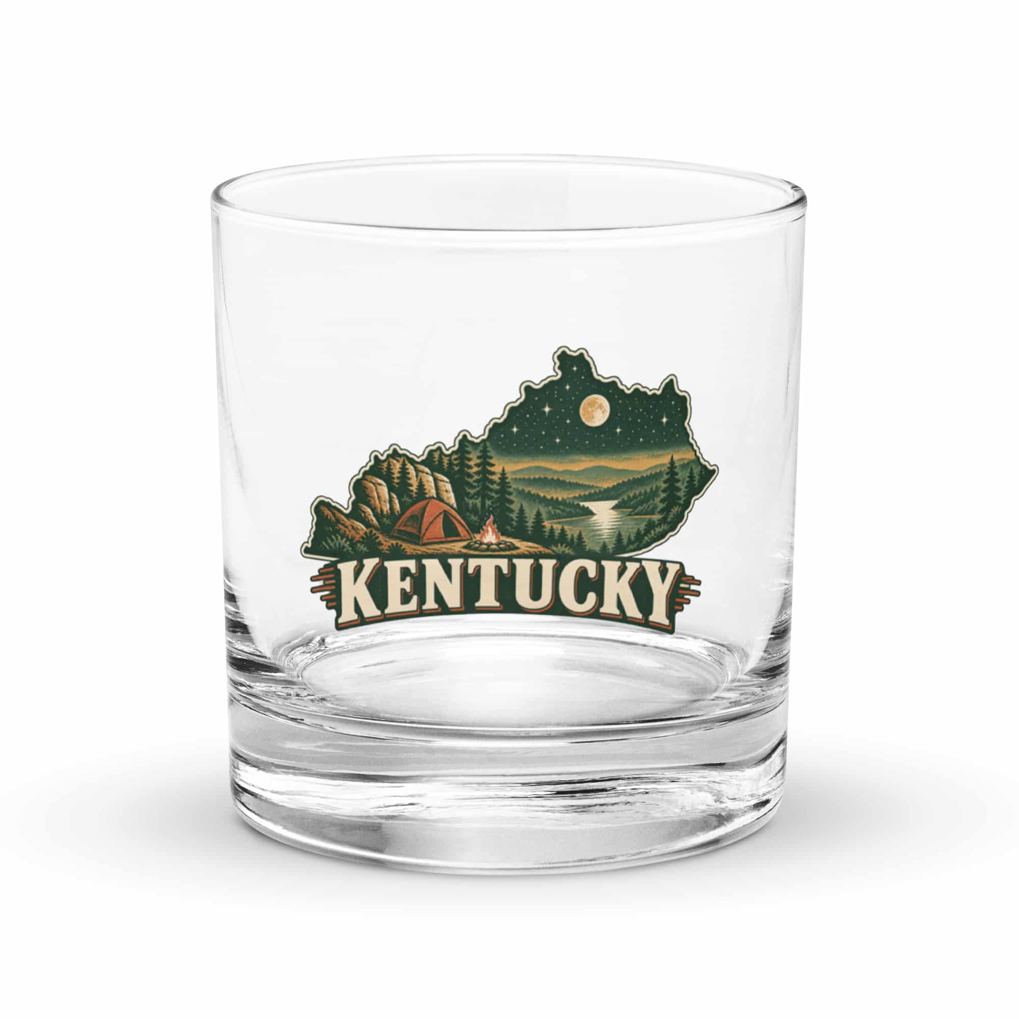 Kentucky Rocks Glass: Campsite beneath a starry sky, Vintage Kentucky Silhouette