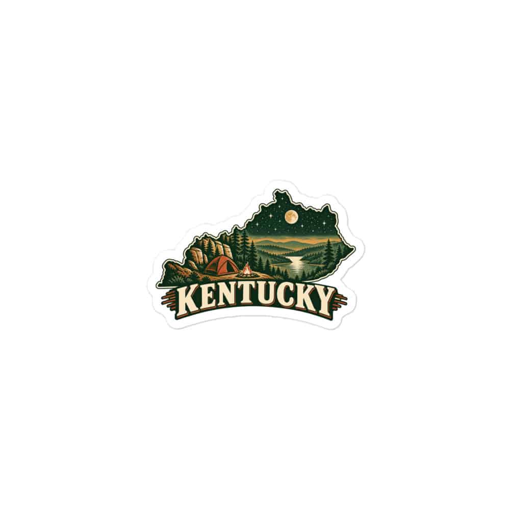 Kentucky Vinyl Sticker: Campsite beneath a starry sky, Vintage Kentucky Silhouette