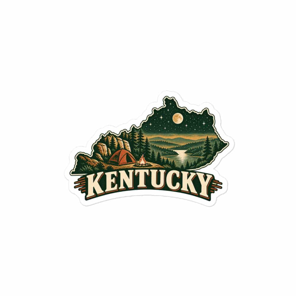 Kentucky Vinyl Sticker: Campsite beneath a starry sky, Vintage Kentucky Silhouette