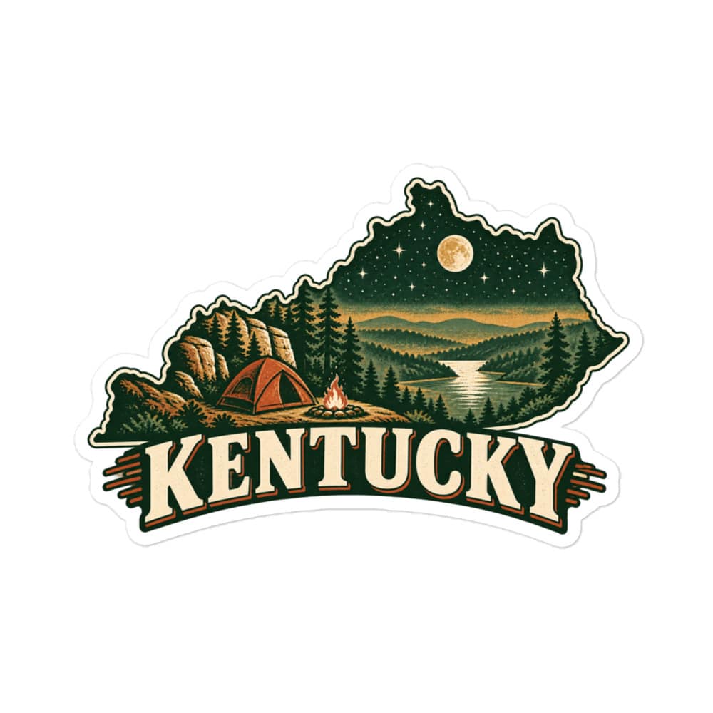 Kentucky Vinyl Sticker: Campsite beneath a starry sky, Vintage Kentucky Silhouette