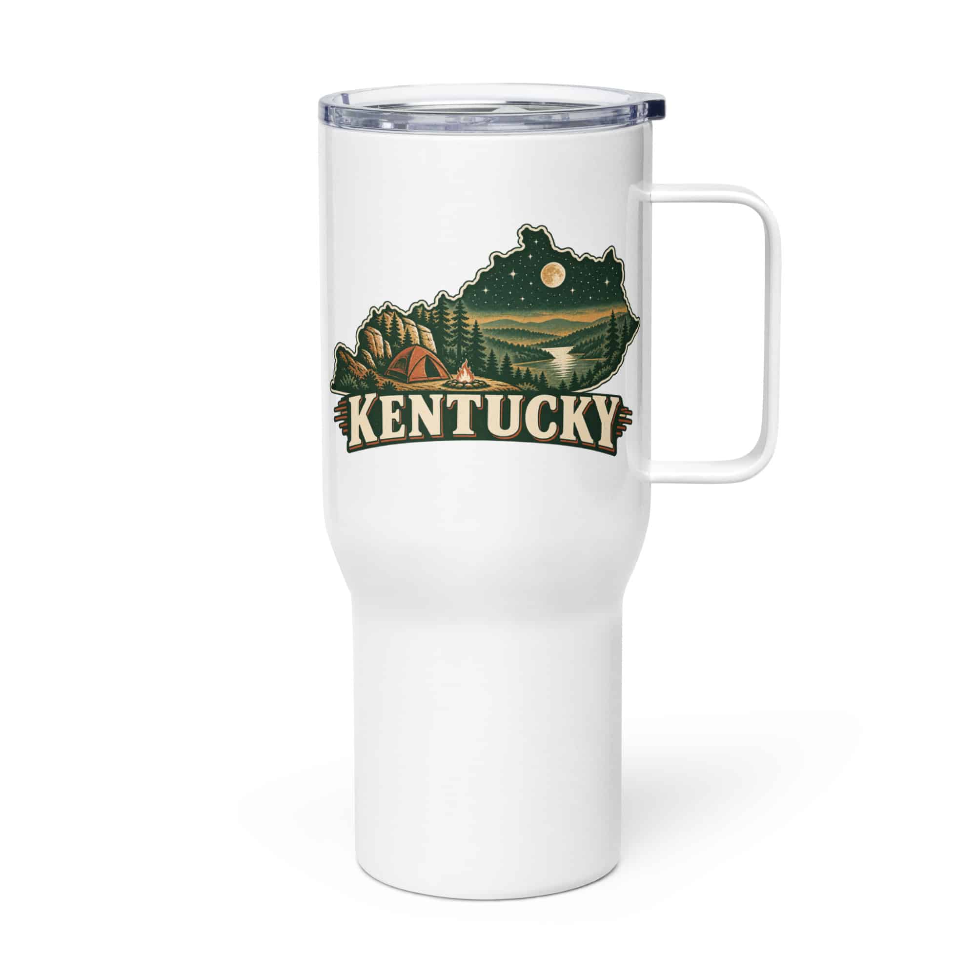 Kentucky Travel Mug: Campsite beneath a starry sky, Vintage Kentucky Silhouette