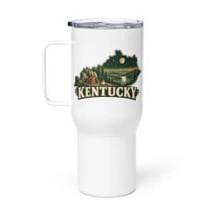 Kentucky Travel Mug: Campsite beneath a starry sky, Vintage Kentucky Silhouette - 25 oz - Main