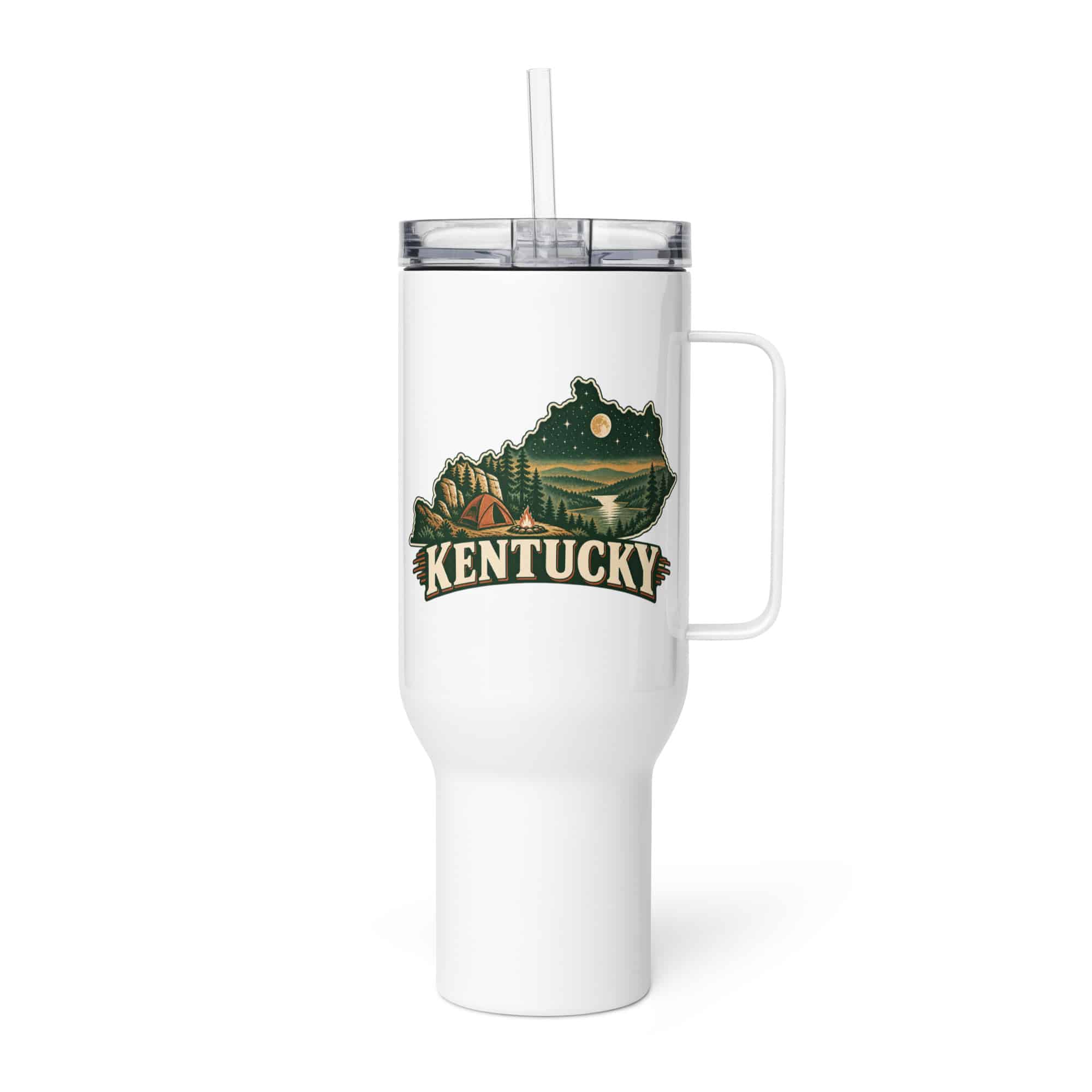 Kentucky Travel Mug: Campsite beneath a starry sky, Vintage Kentucky Silhouette