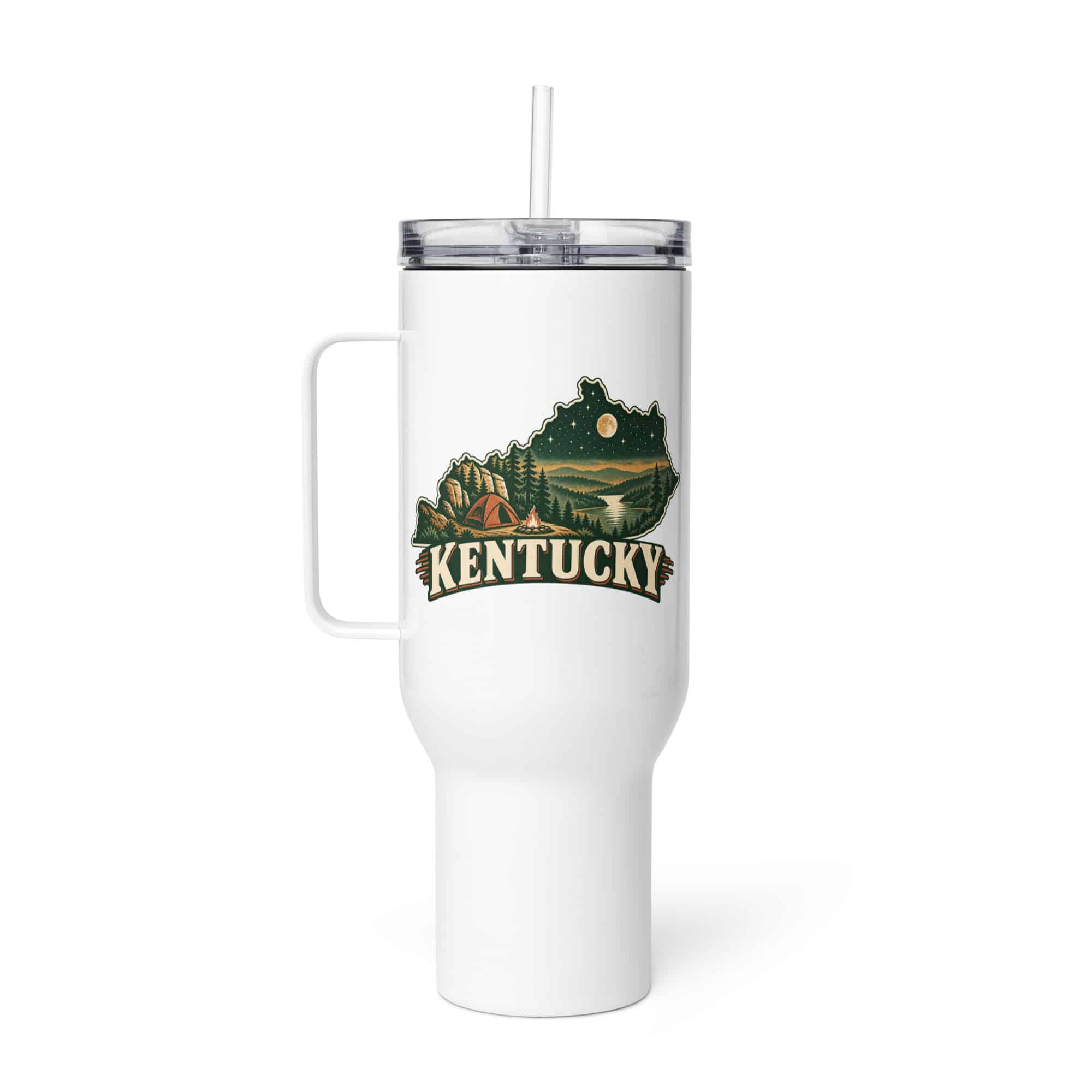 Kentucky Travel Mug: Campsite beneath a starry sky, Vintage Kentucky Silhouette